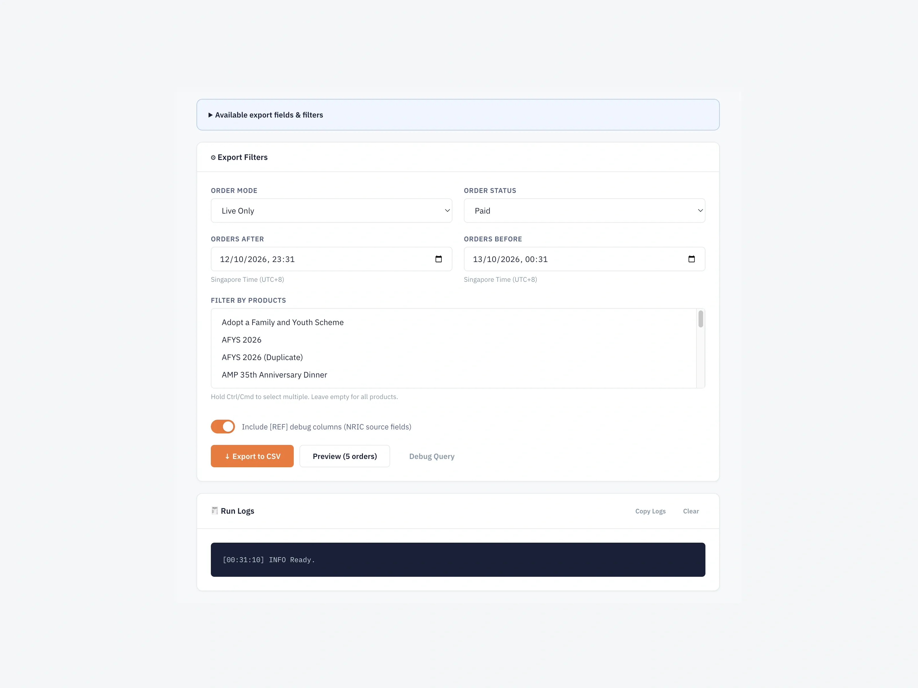 SureCart Exporter showing its filters, actions and run log.