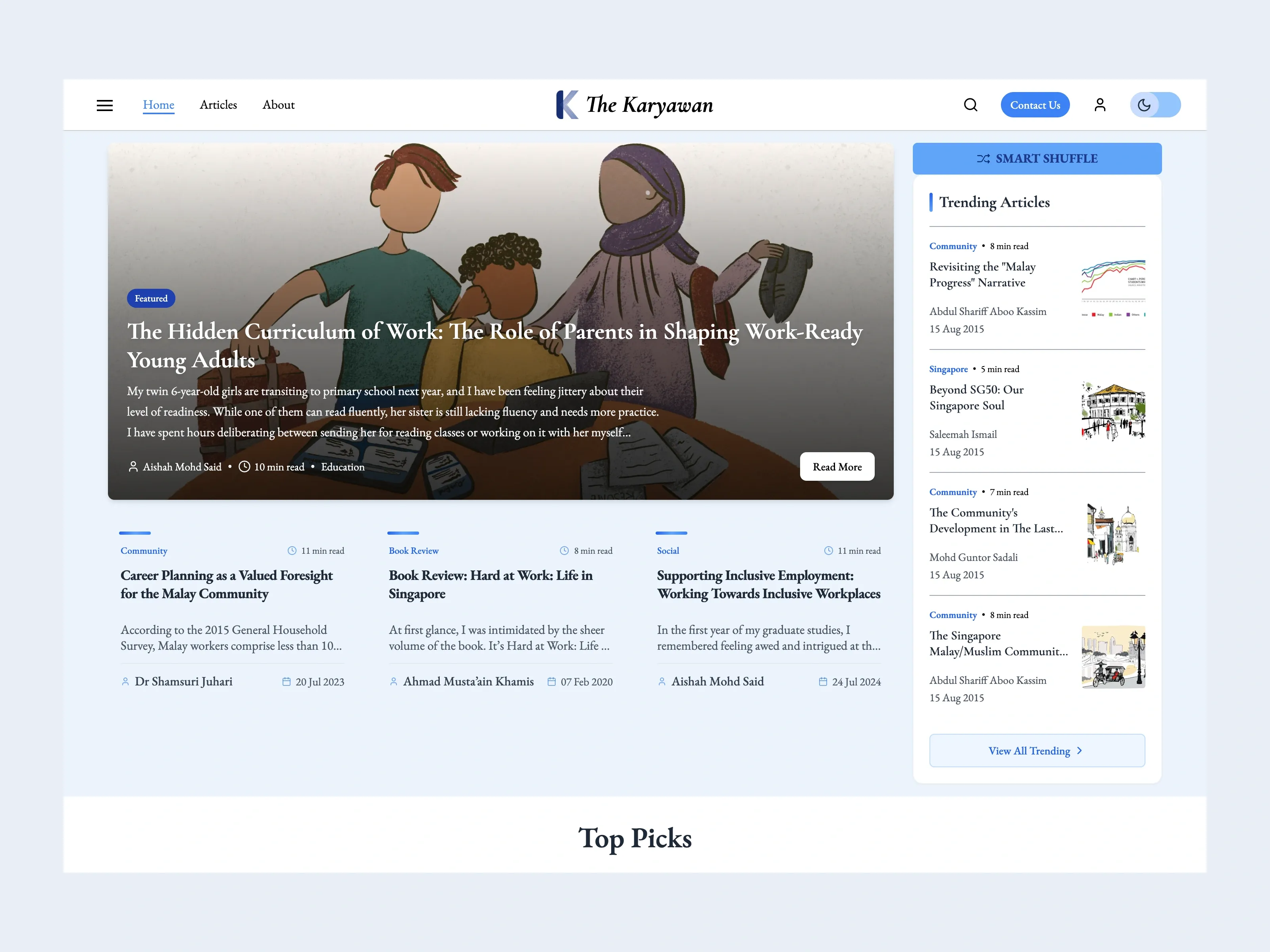 Public Karyawan homepage with featured story and editorial content.