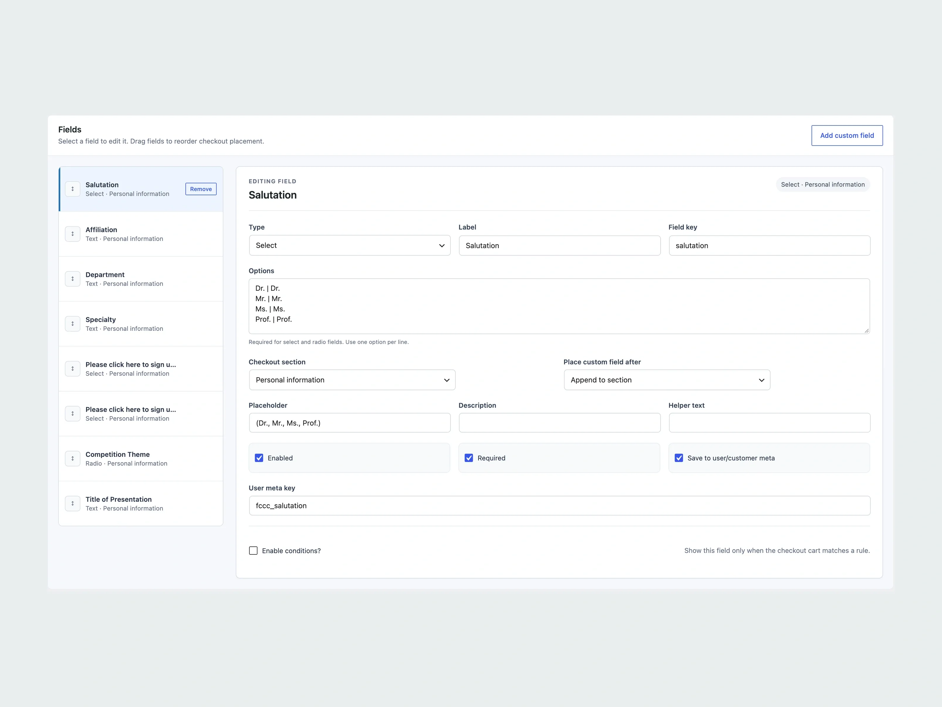 Real DASy Checkout Custom Fields interface with its field list and salutation editor.
