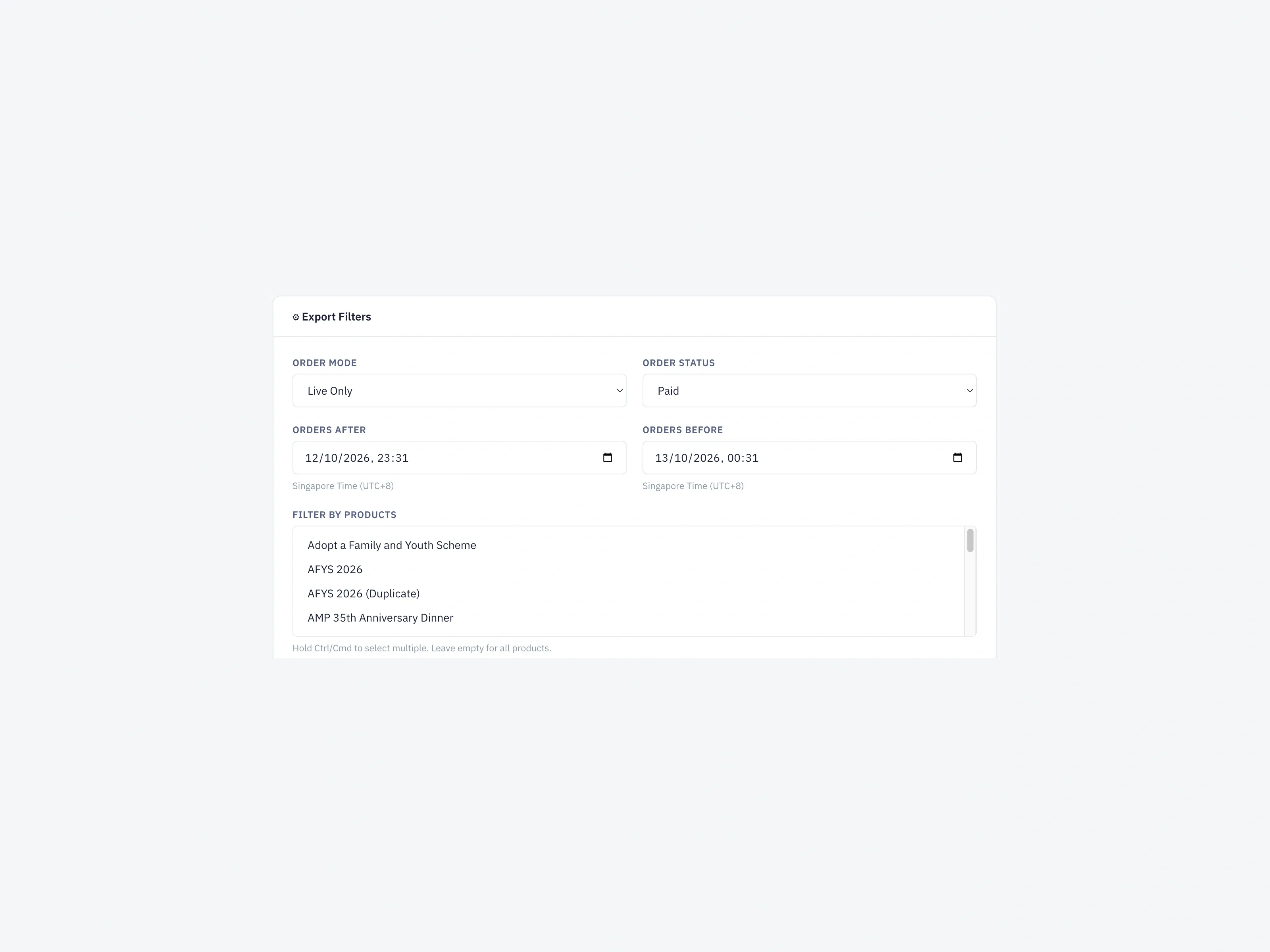 Close-up of the actual AMP exporter mode, status, date and product filters.