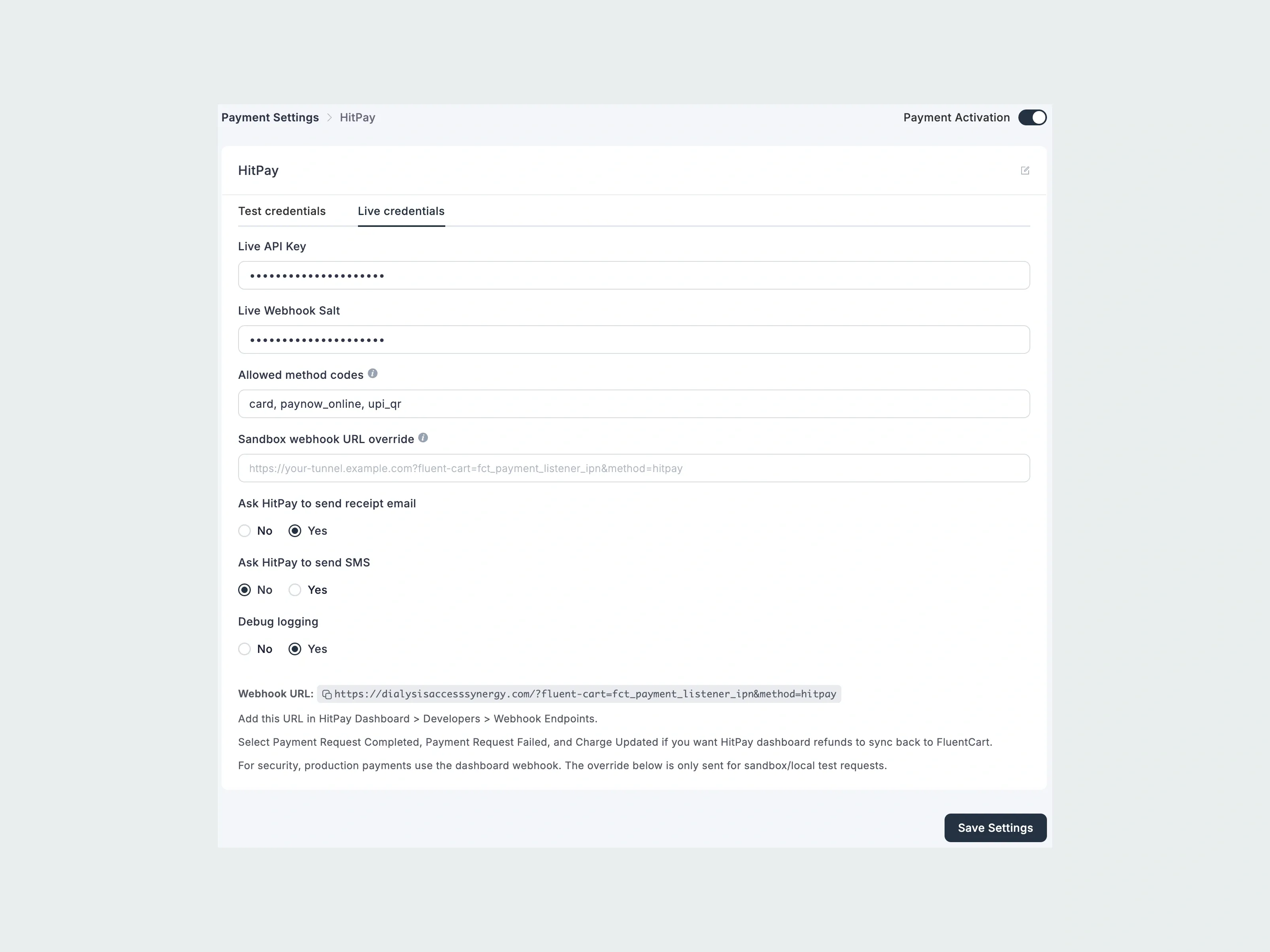 Real HitPay configuration screen with masked API credentials and payment controls.