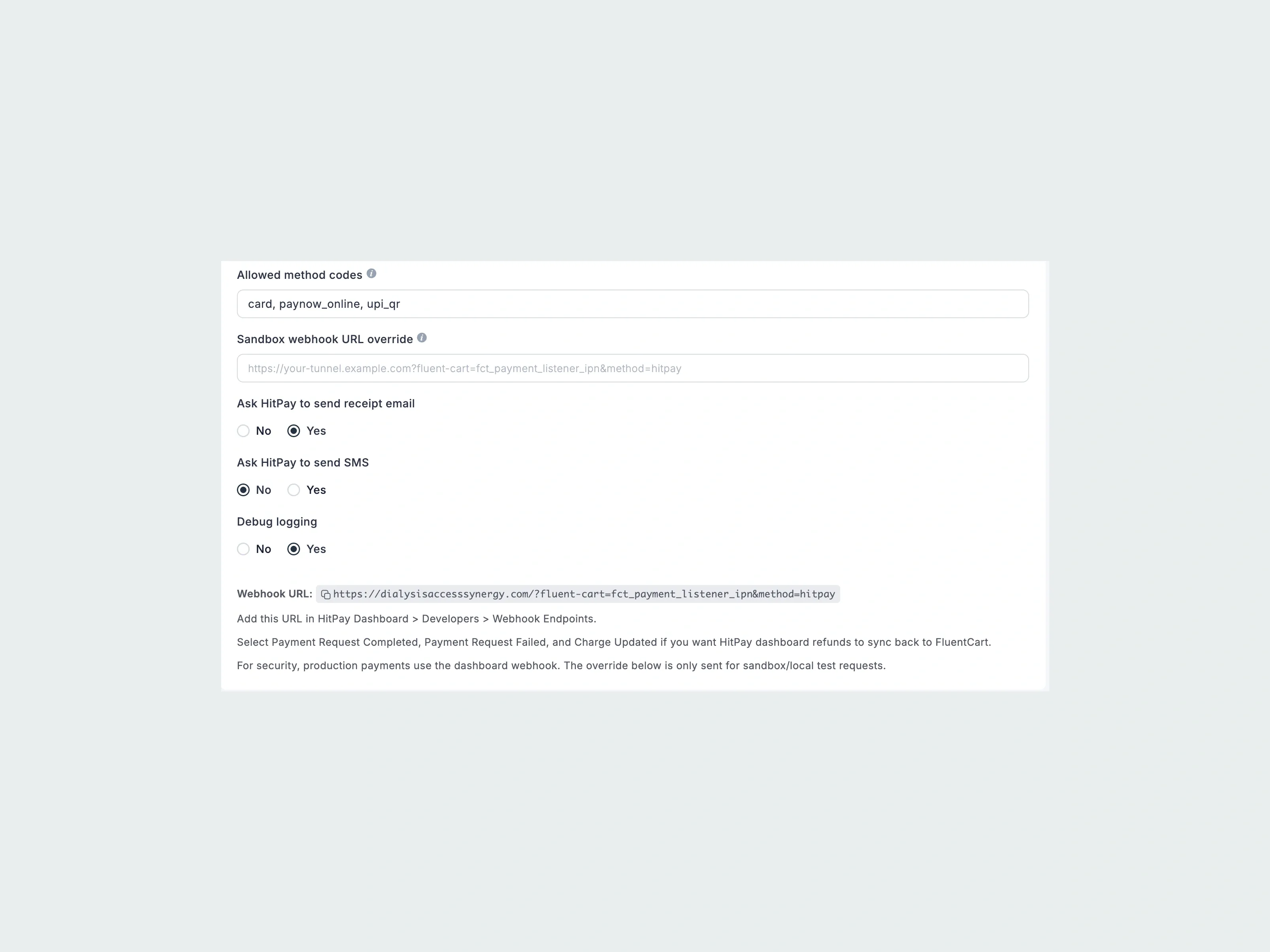 Detail of the real HitPay notification, debugging and webhook settings.