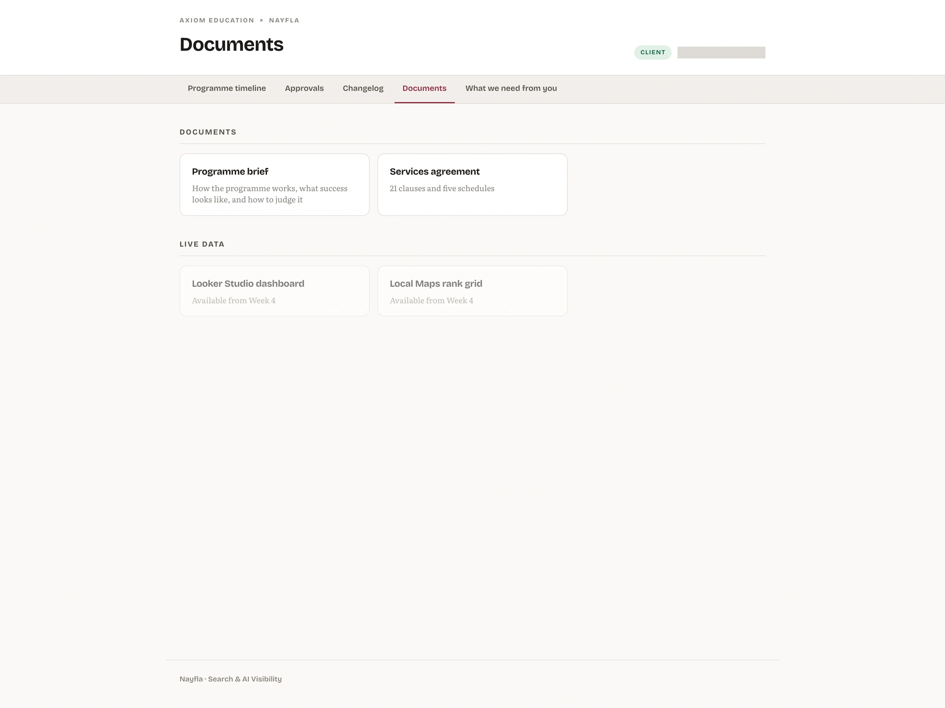 Actual SEO Dashboard Client documents page with the account email redacted.