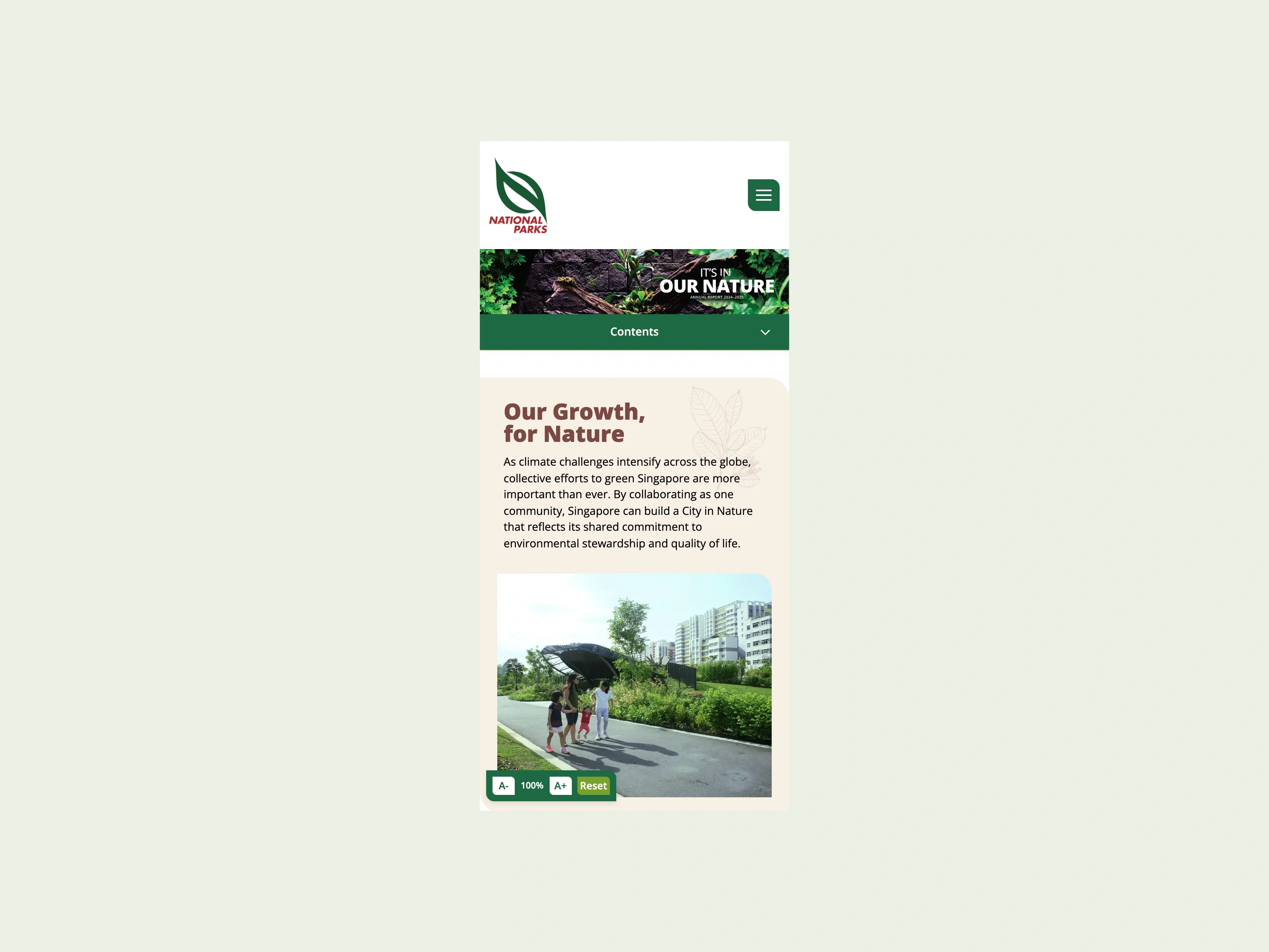 Mobile chapter view of the NParks annual report preview.
