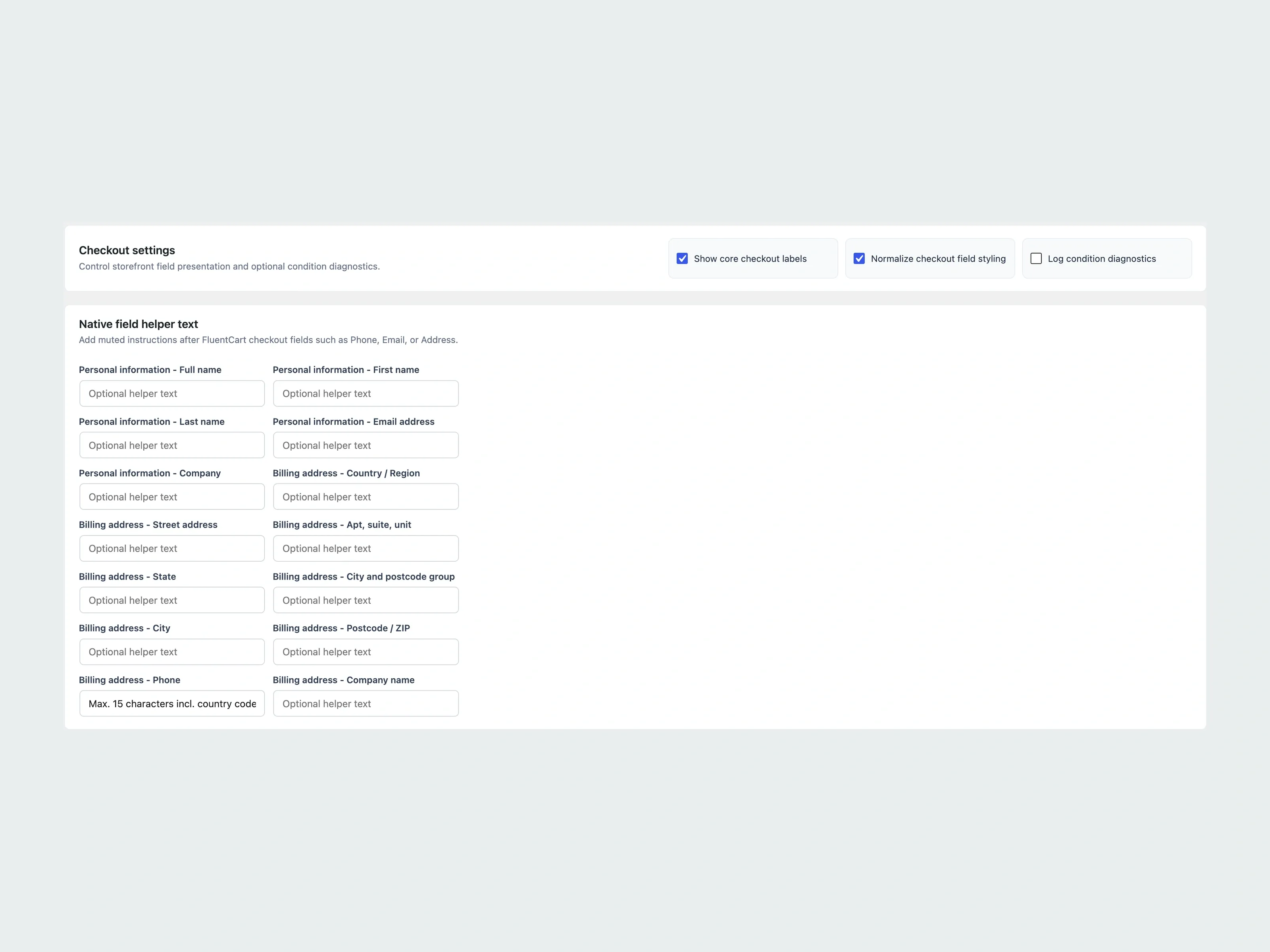 Real Checkout Custom Fields settings for native-field helper text and checkout presentation.