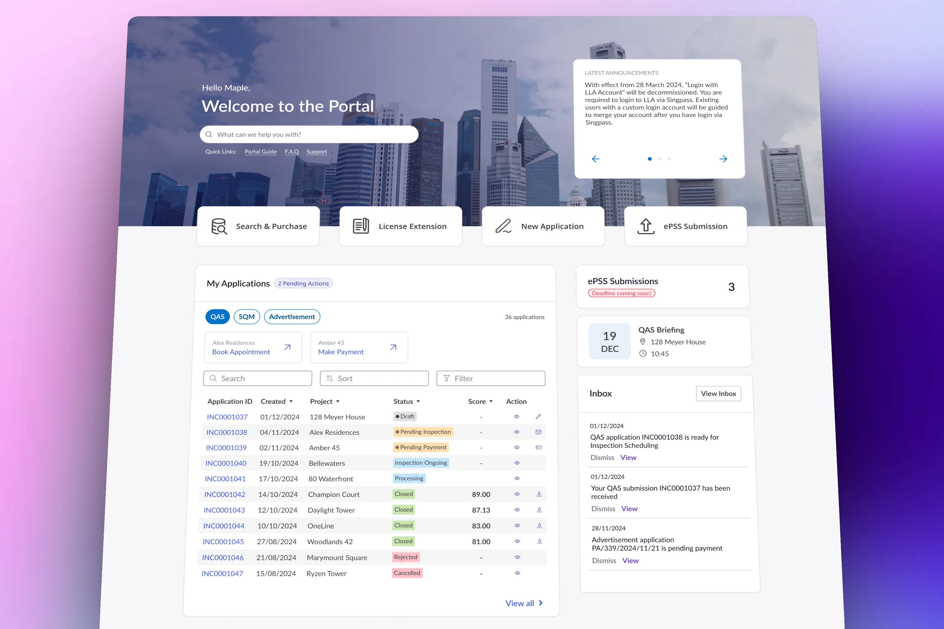 Unified applicant dashboard with applications across assessment types