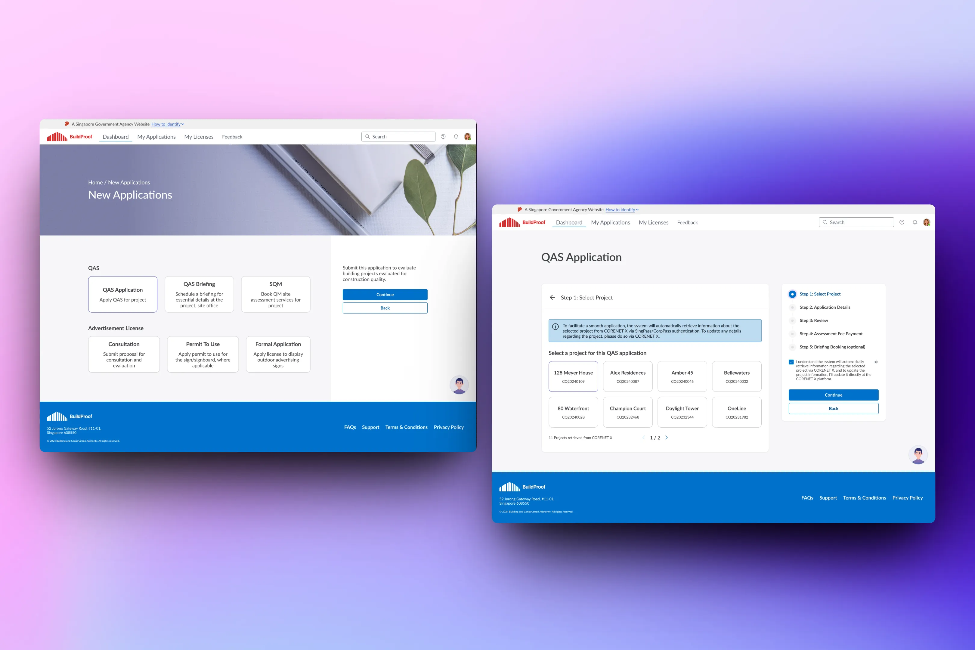 Application wizard showing project selection cards pulled from government database