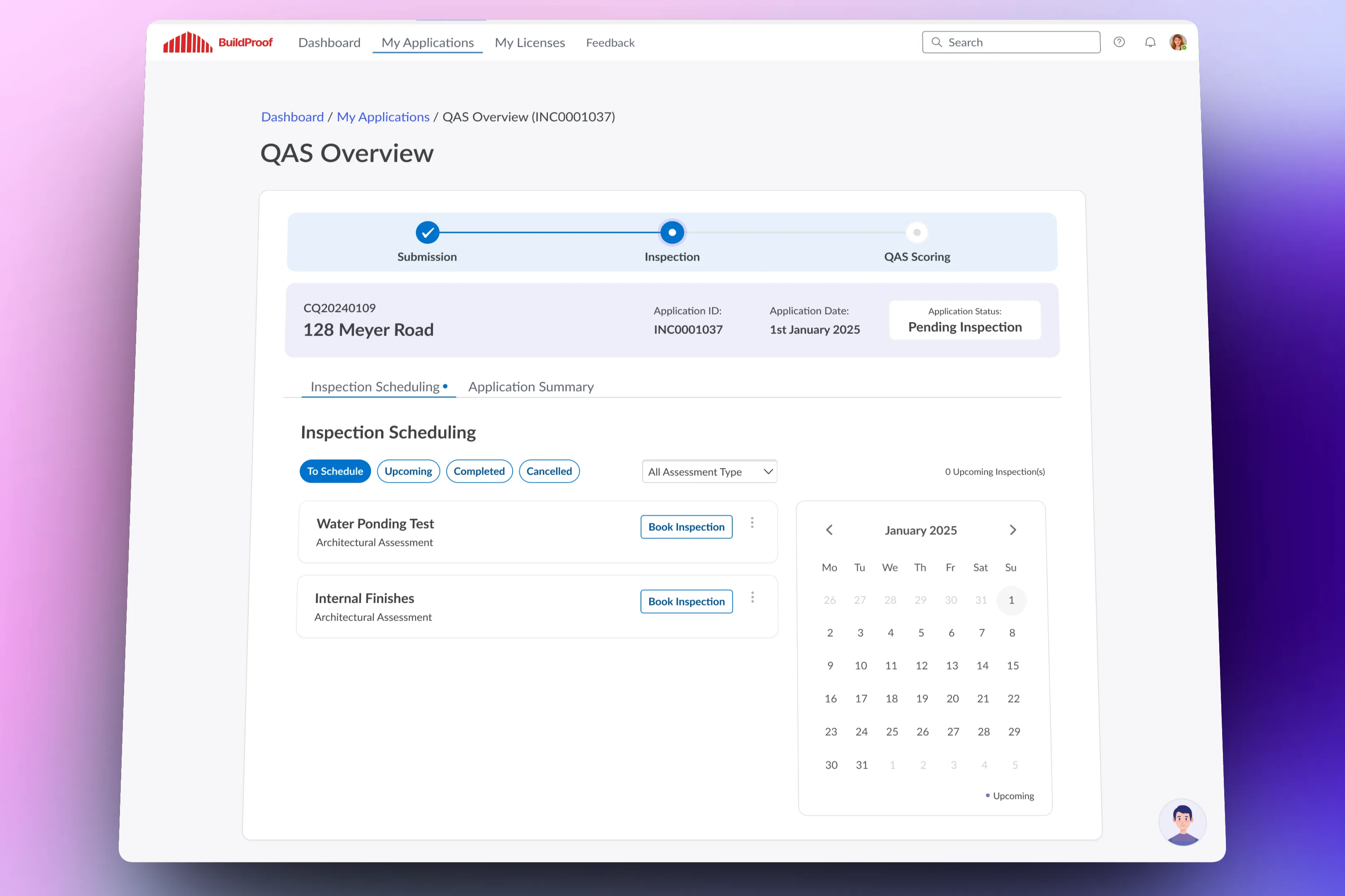 Application detail page with progress bar and inspection scheduling