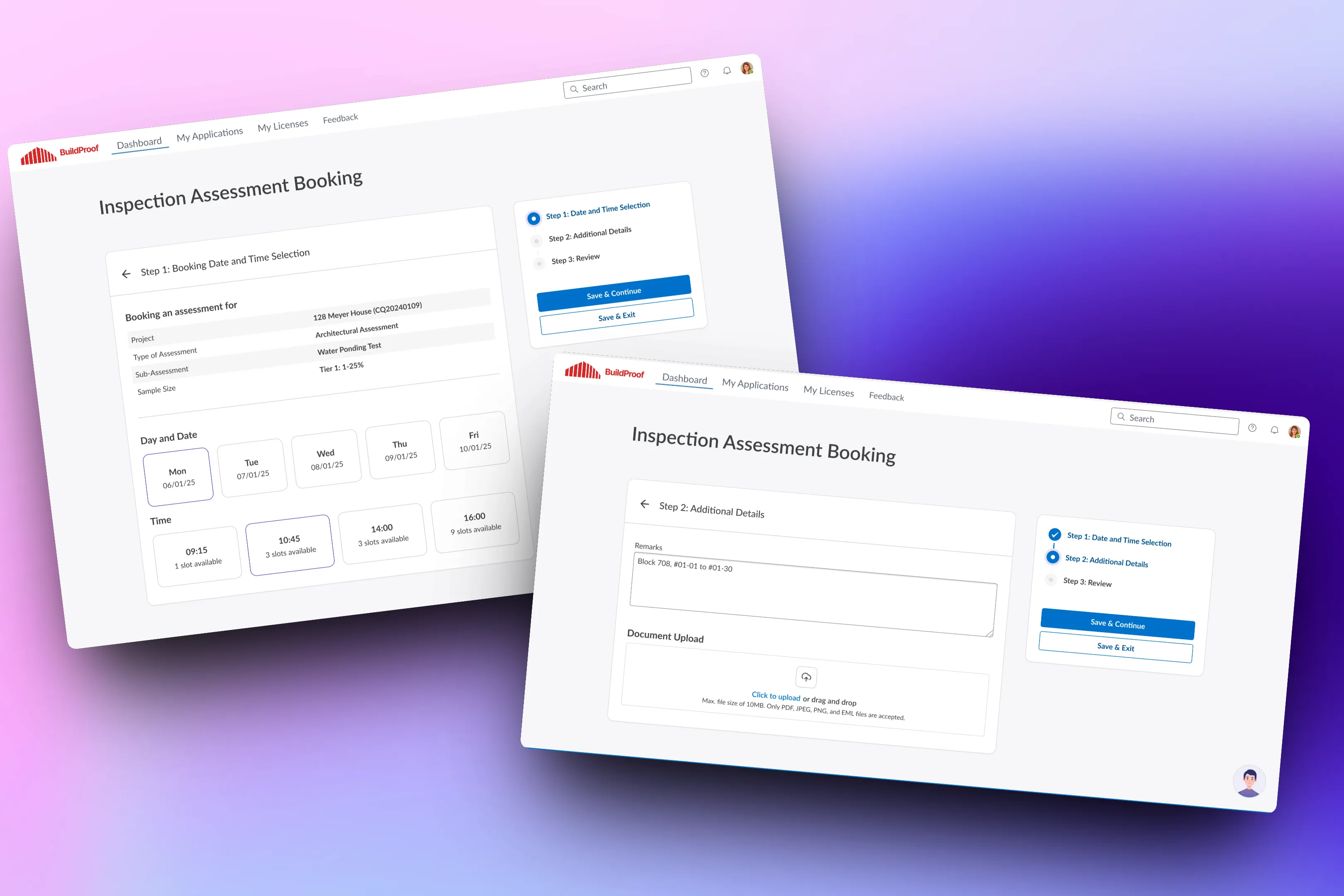 Self-service inspection booking with calendar and slot type selection