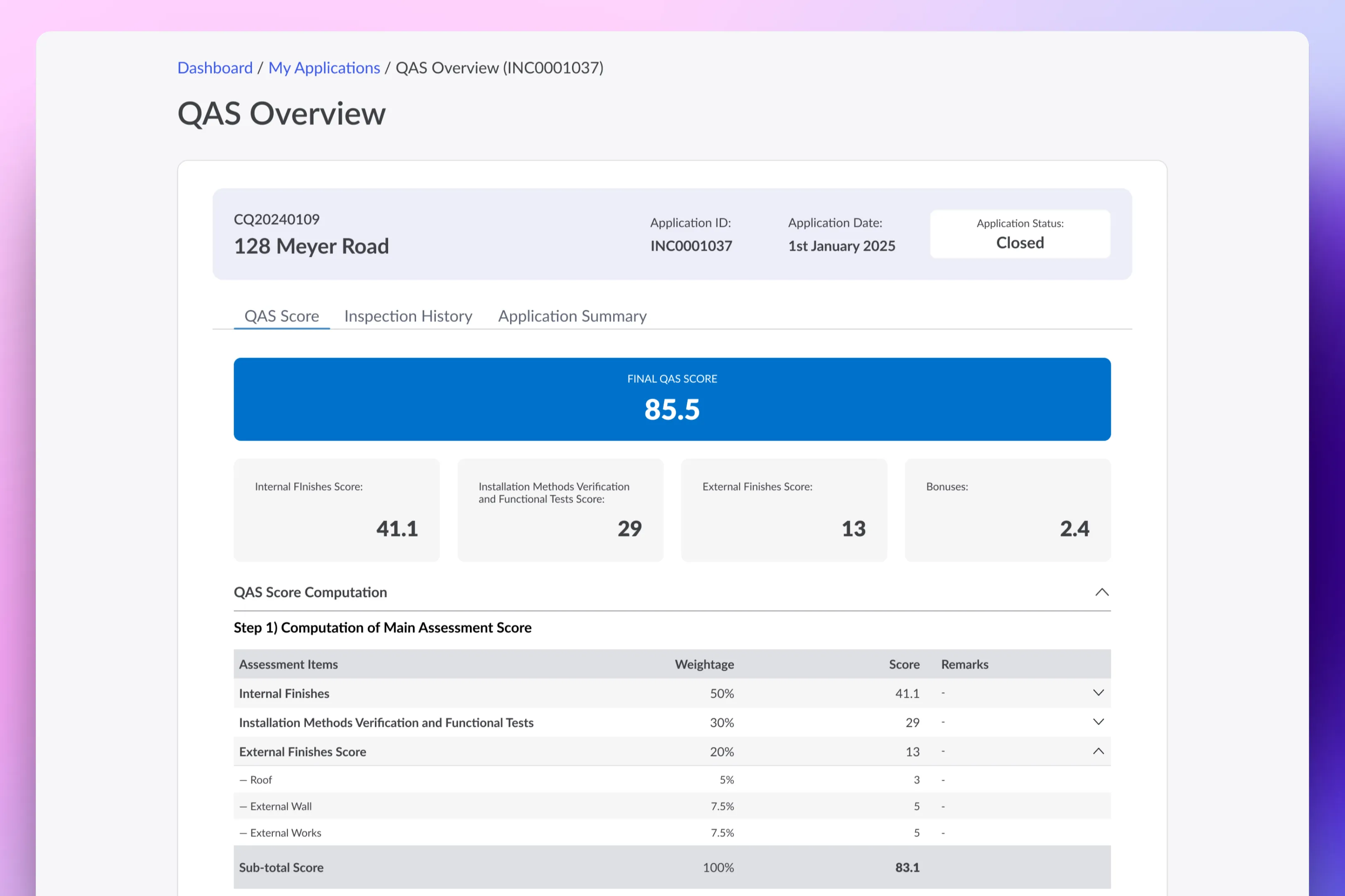 Quality assessment score computation page
