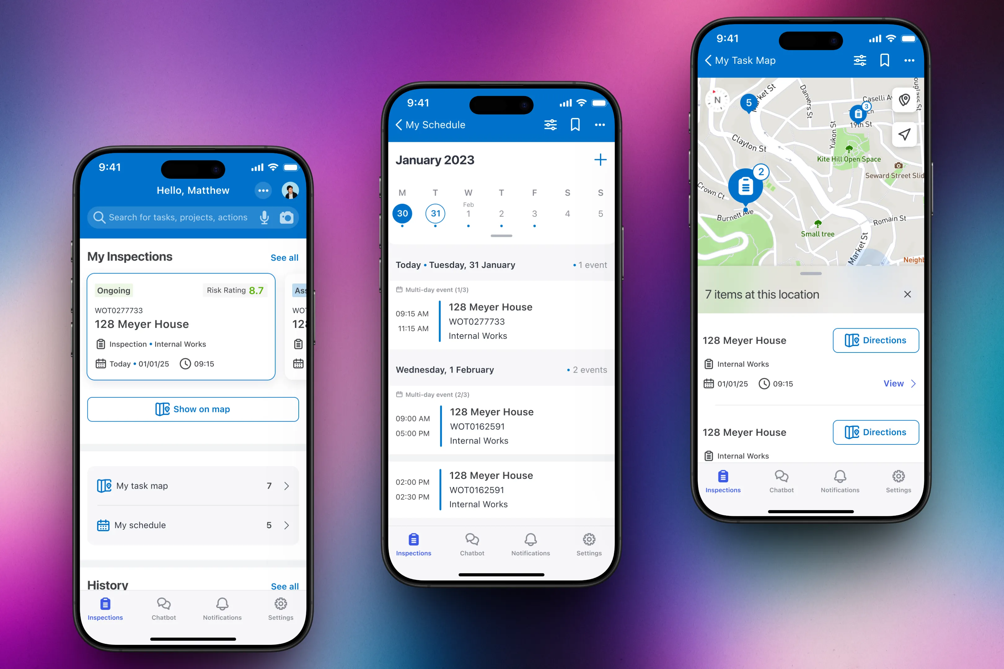 Three mobile screens showing inspection home, schedule, and task map
