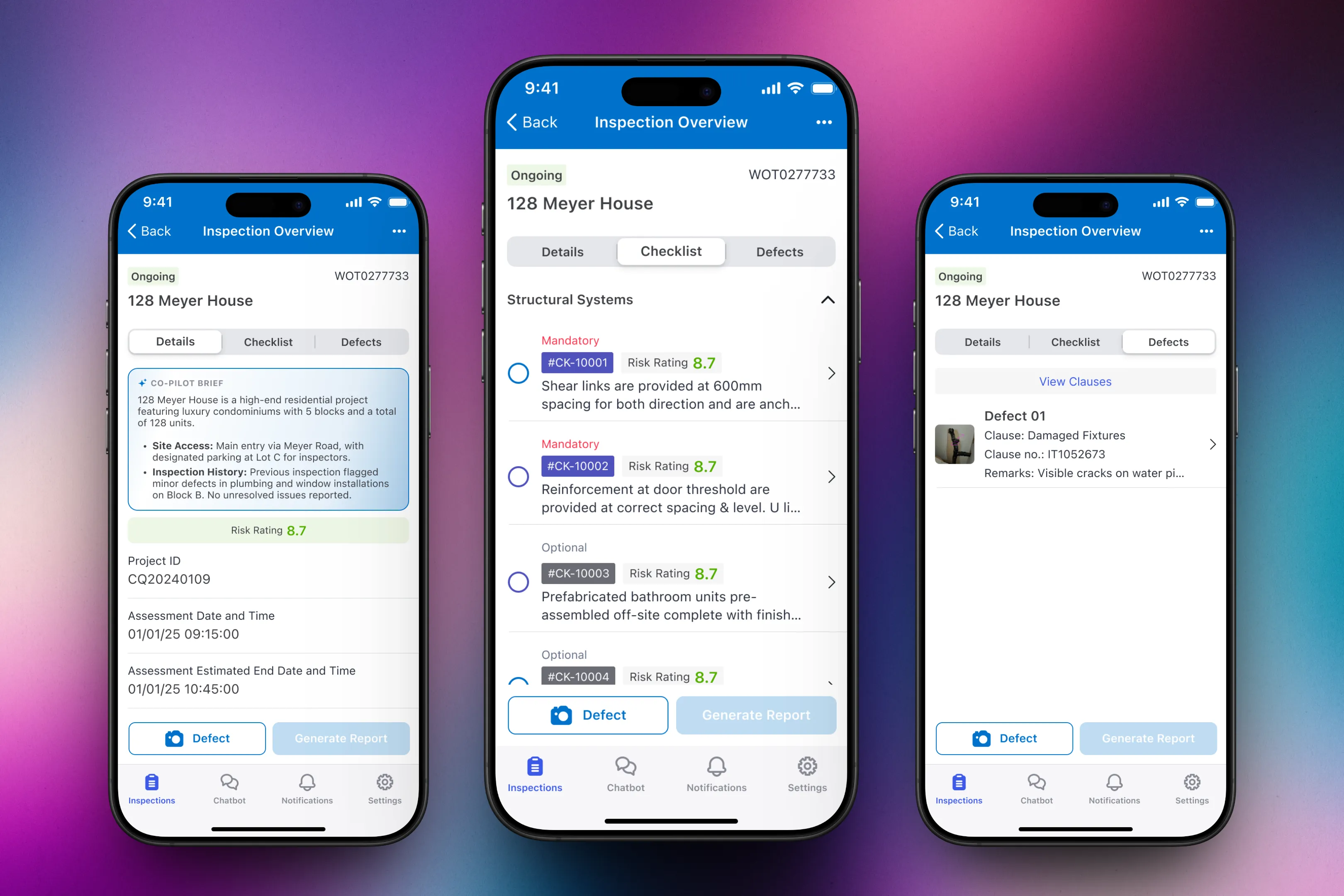 Three mobile screens showing inspection details, checklist, and defects tabs