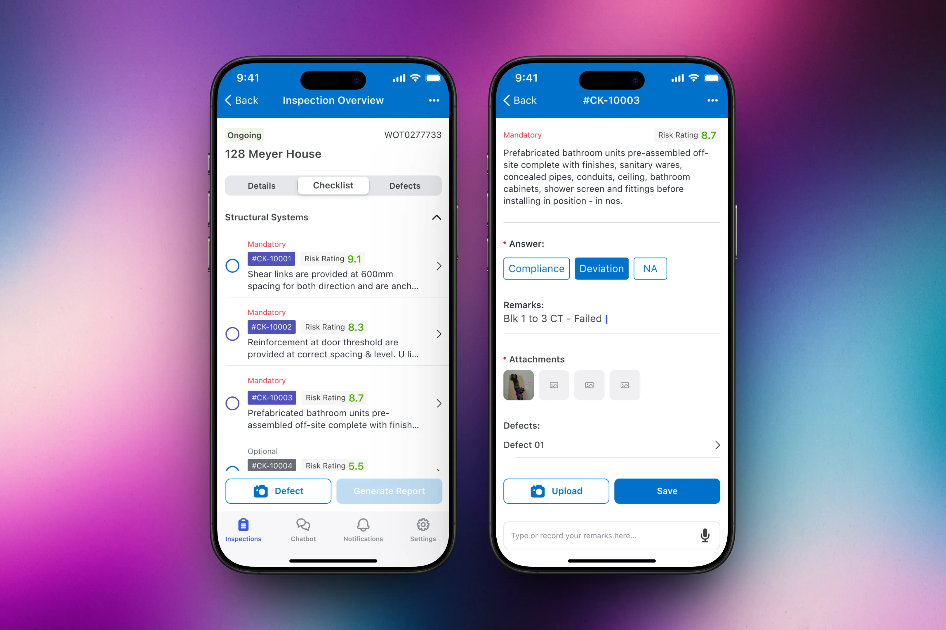 Checklist list and checklist item detail with compliance, deviation, and not applicable options