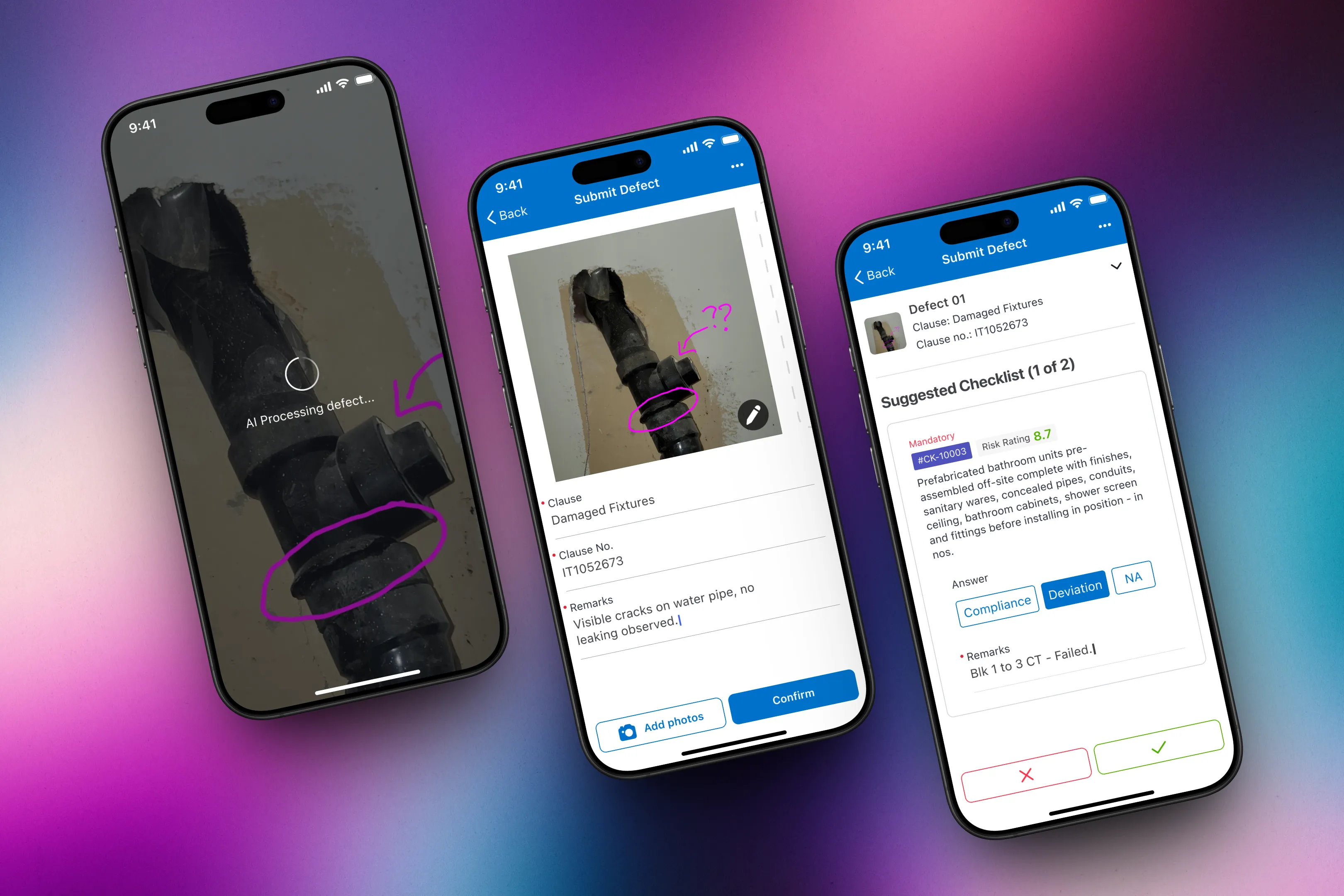 AI defect processing, defect edit form, and suggested checklist review screens