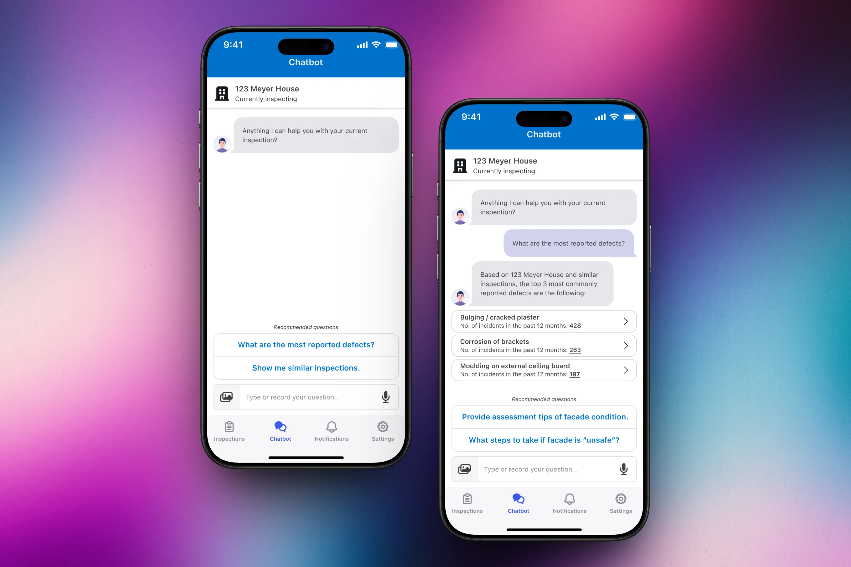 Contextual chatbot screens with recommended inspection questions and common defects