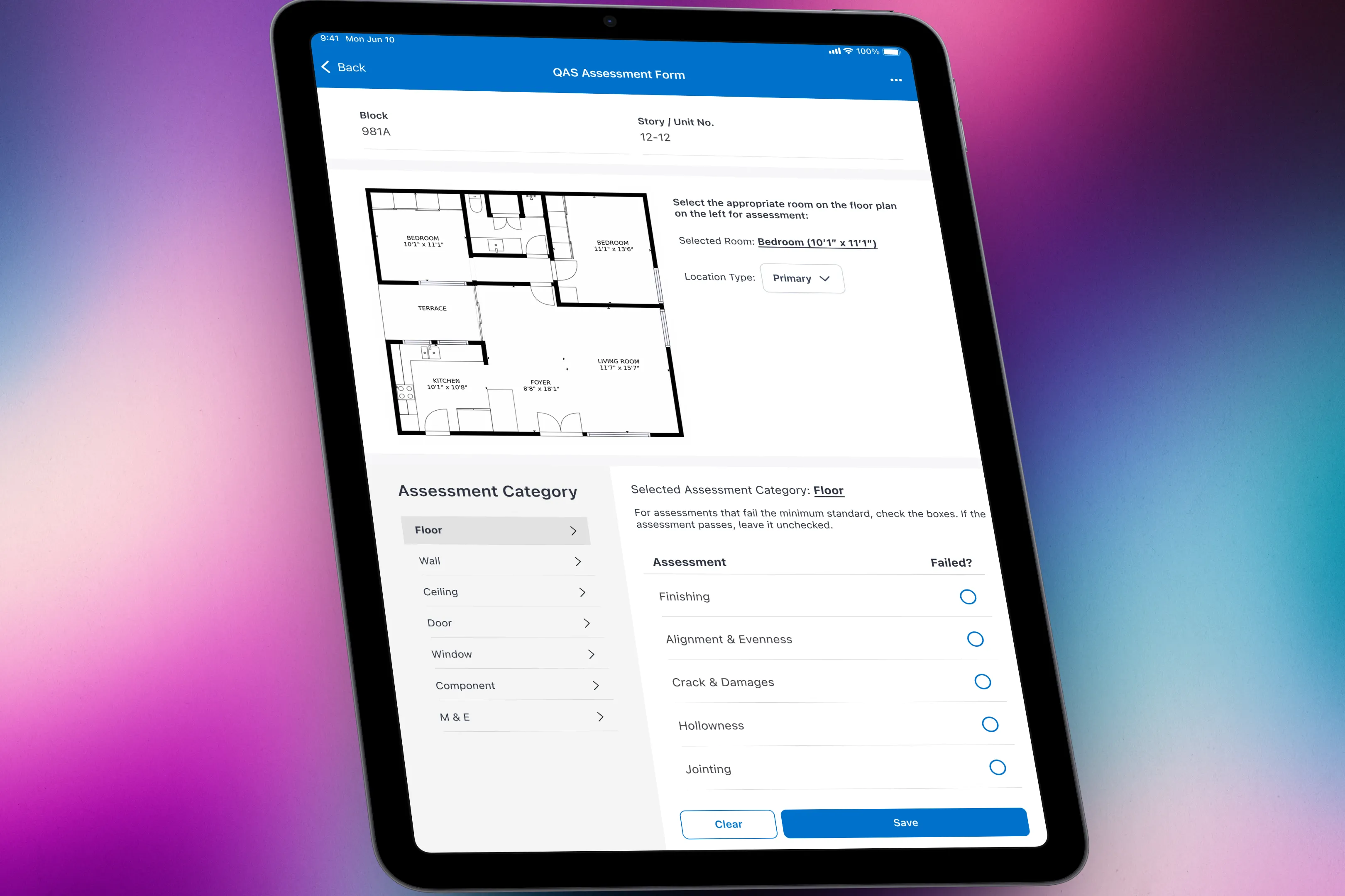 iPad assessment form with floor plan, selected room, location type, and assessment category checklist