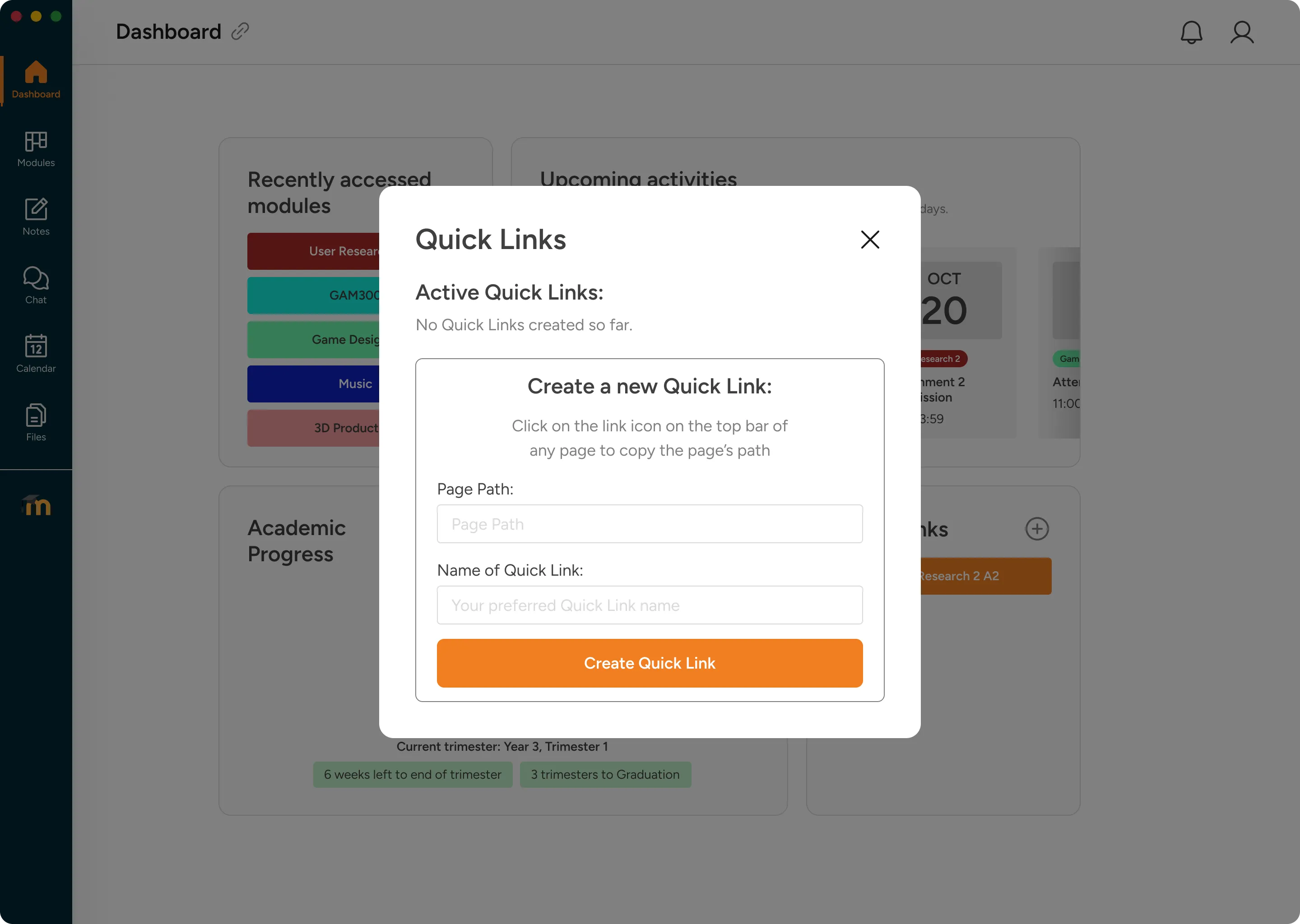 Dashboard with Quick Links modal open showing how to create a new shortcut using a page path