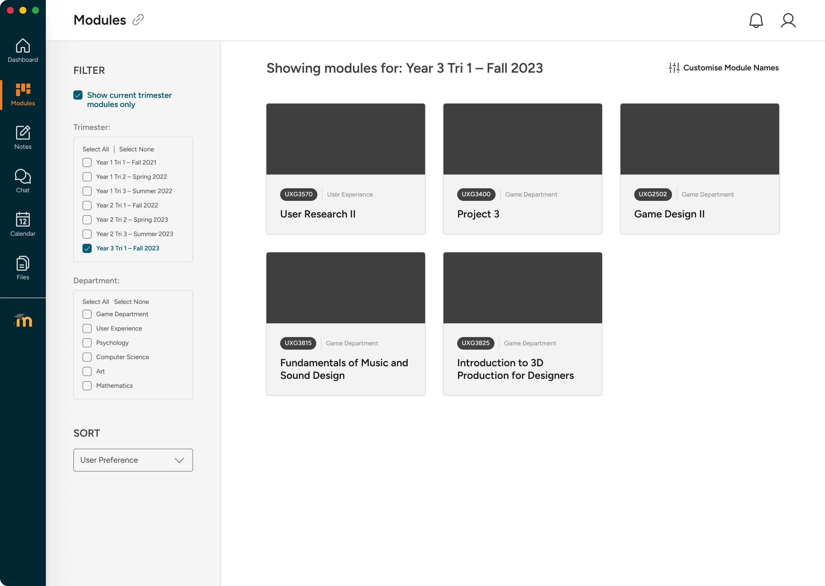 Modules overview with colour-coded, renameable cards and trimester filter