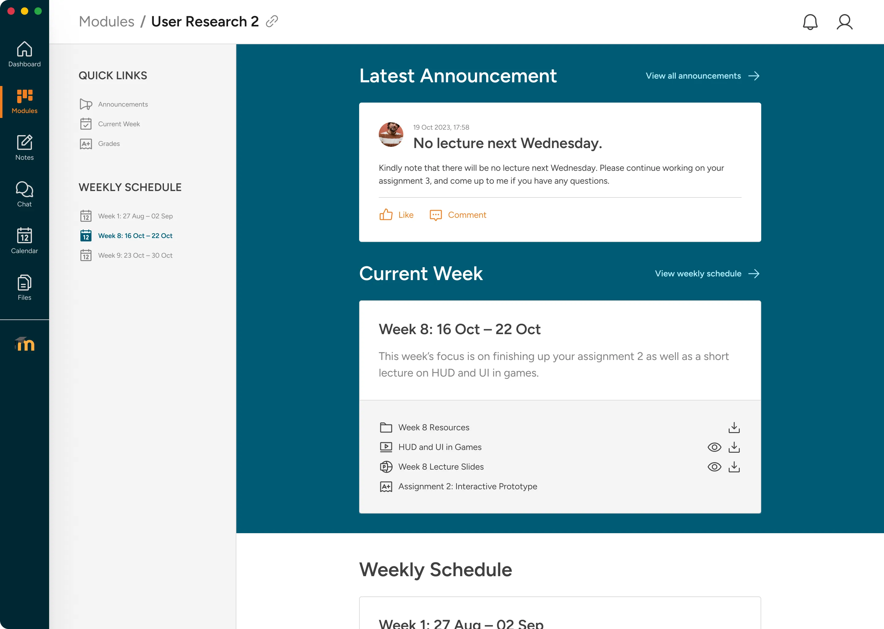 Individual module page with weekly content cards, current week pinned at top, and file type icons