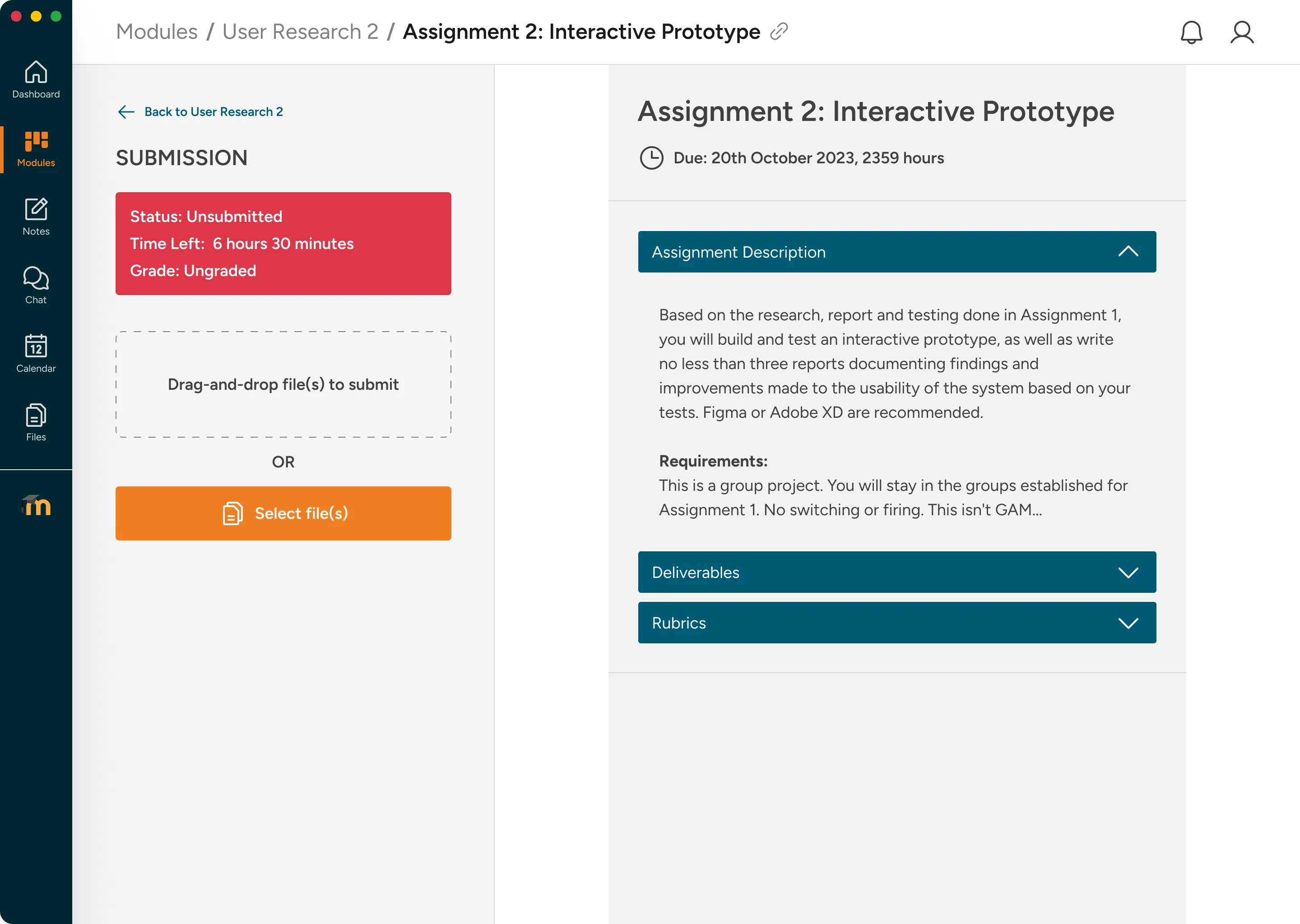 Assignment submission page with sticky upload panel and collapsible brief