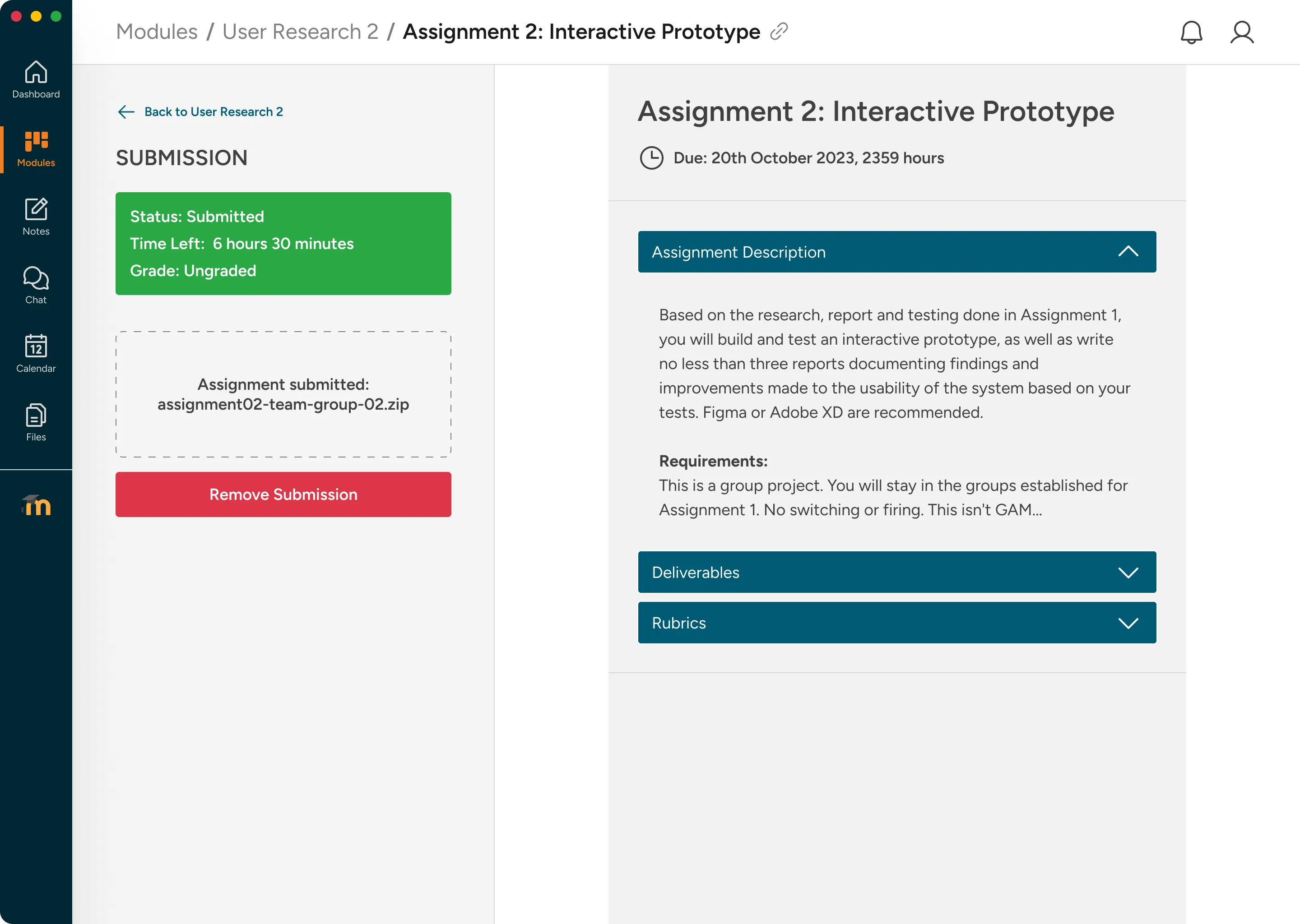 Assignment submitted confirmation state with green success indicator and submission timestamp