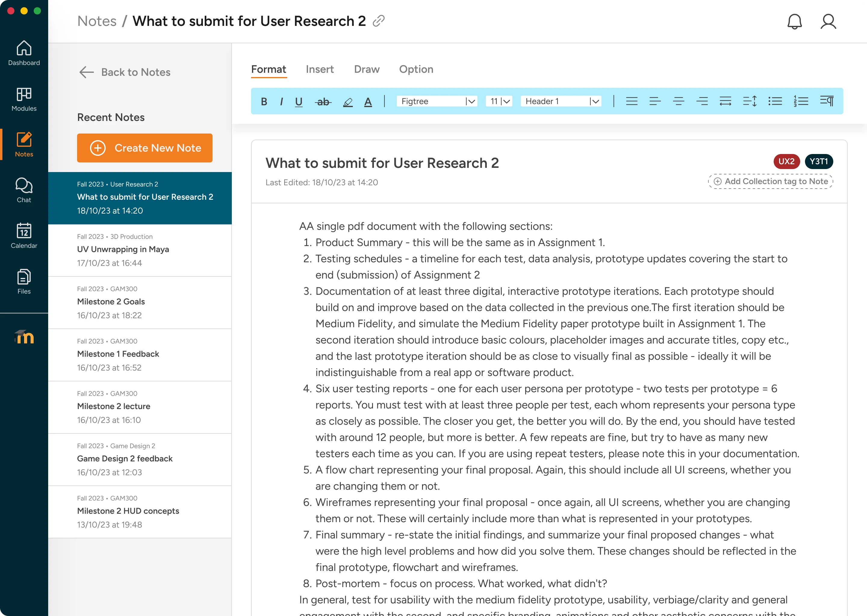In-app notes with module tagging, formatting toolbar, and collection organisation