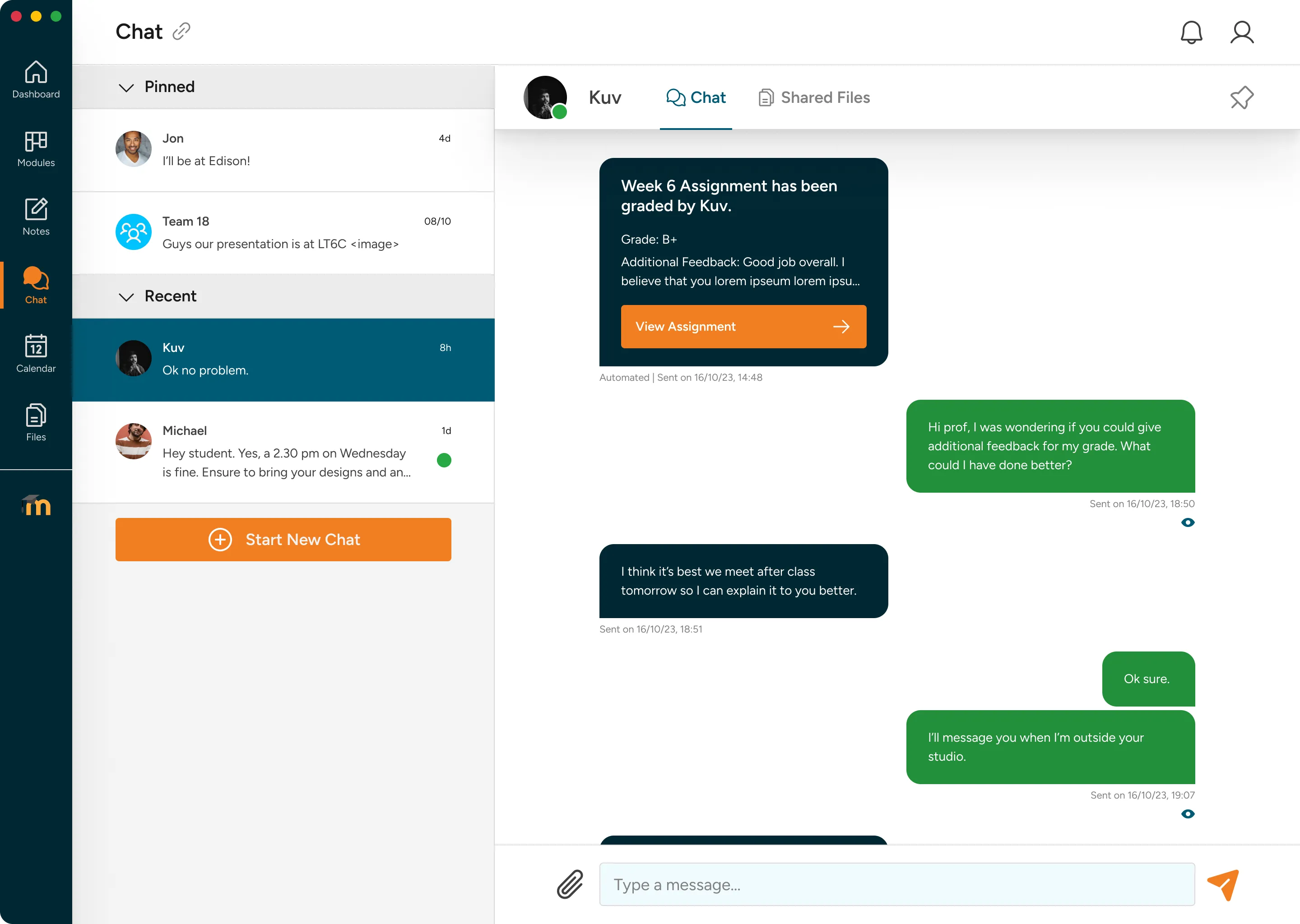Chat with pinned conversations, automated grade announcements, and file sharing
