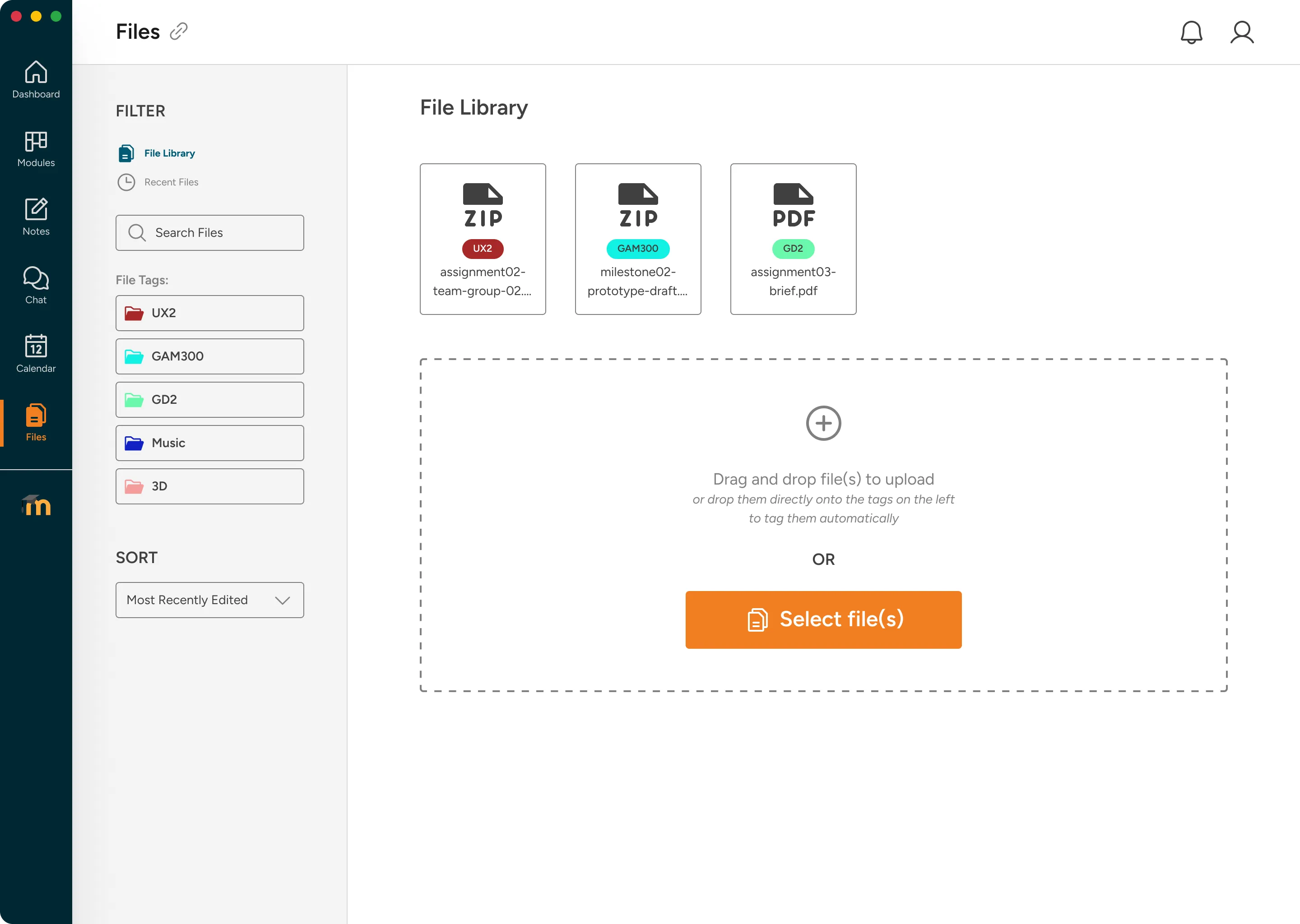 Files feature showing file library with module tags, drag-and-drop upload zone, and file grid