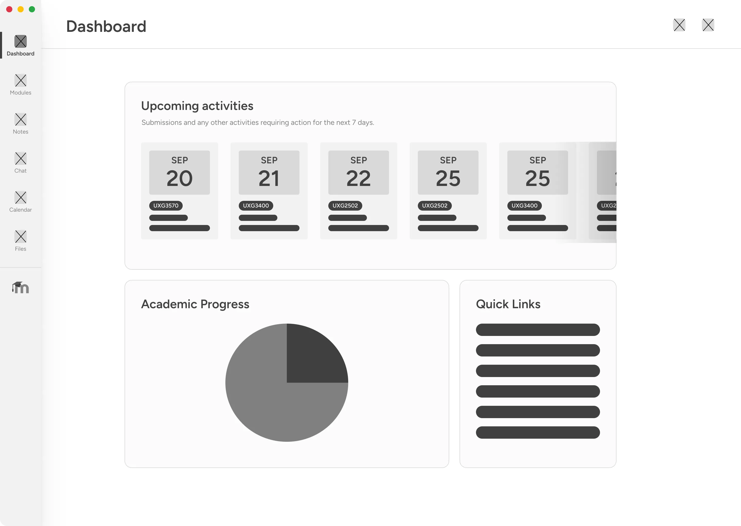 Lo-fi wireframe of the redesigned dashboard showing upcoming activities, module cards, academic progress, and quick links layout