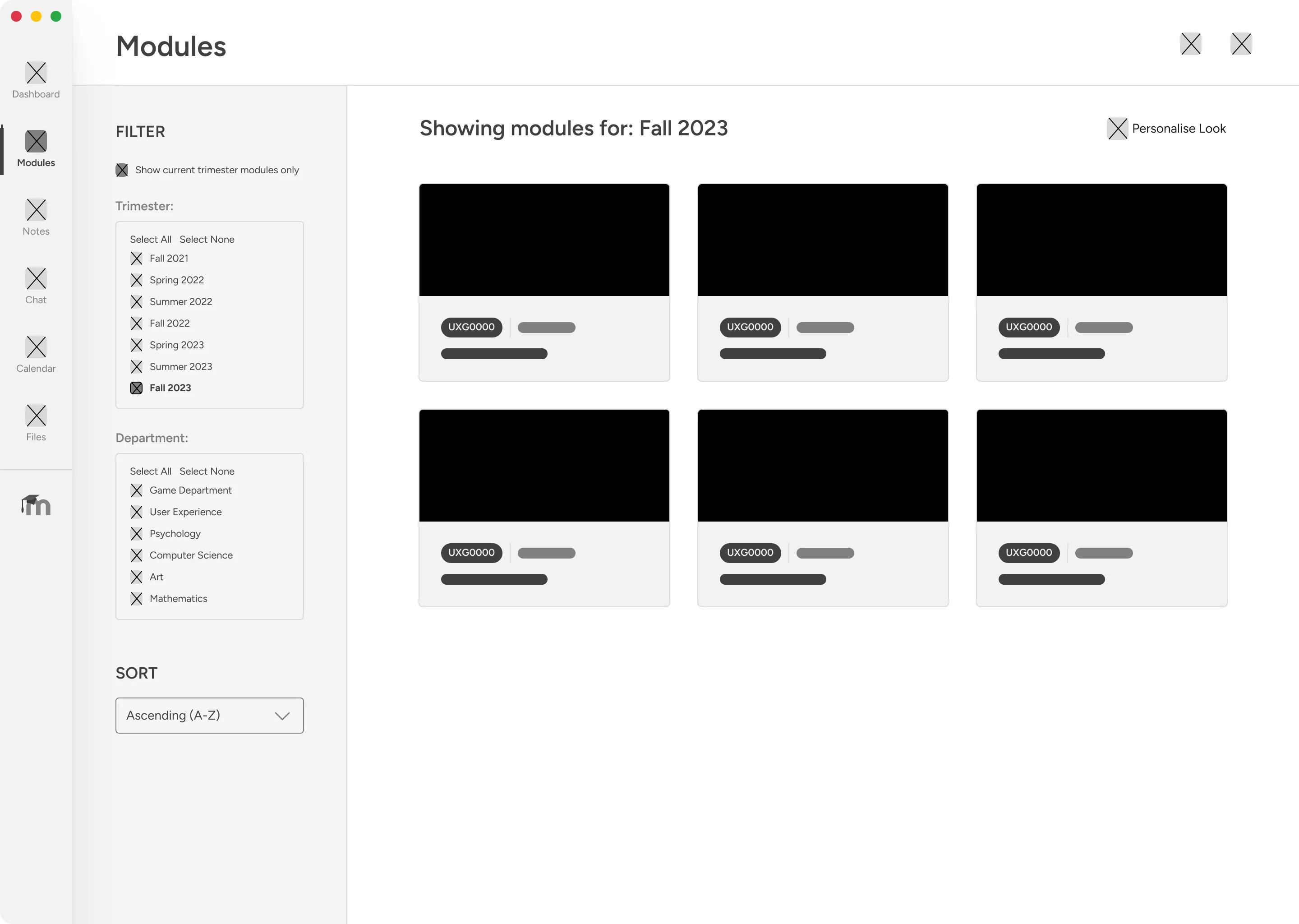 Lo-fi wireframe of modules overview with filter panel and colour-coded module cards