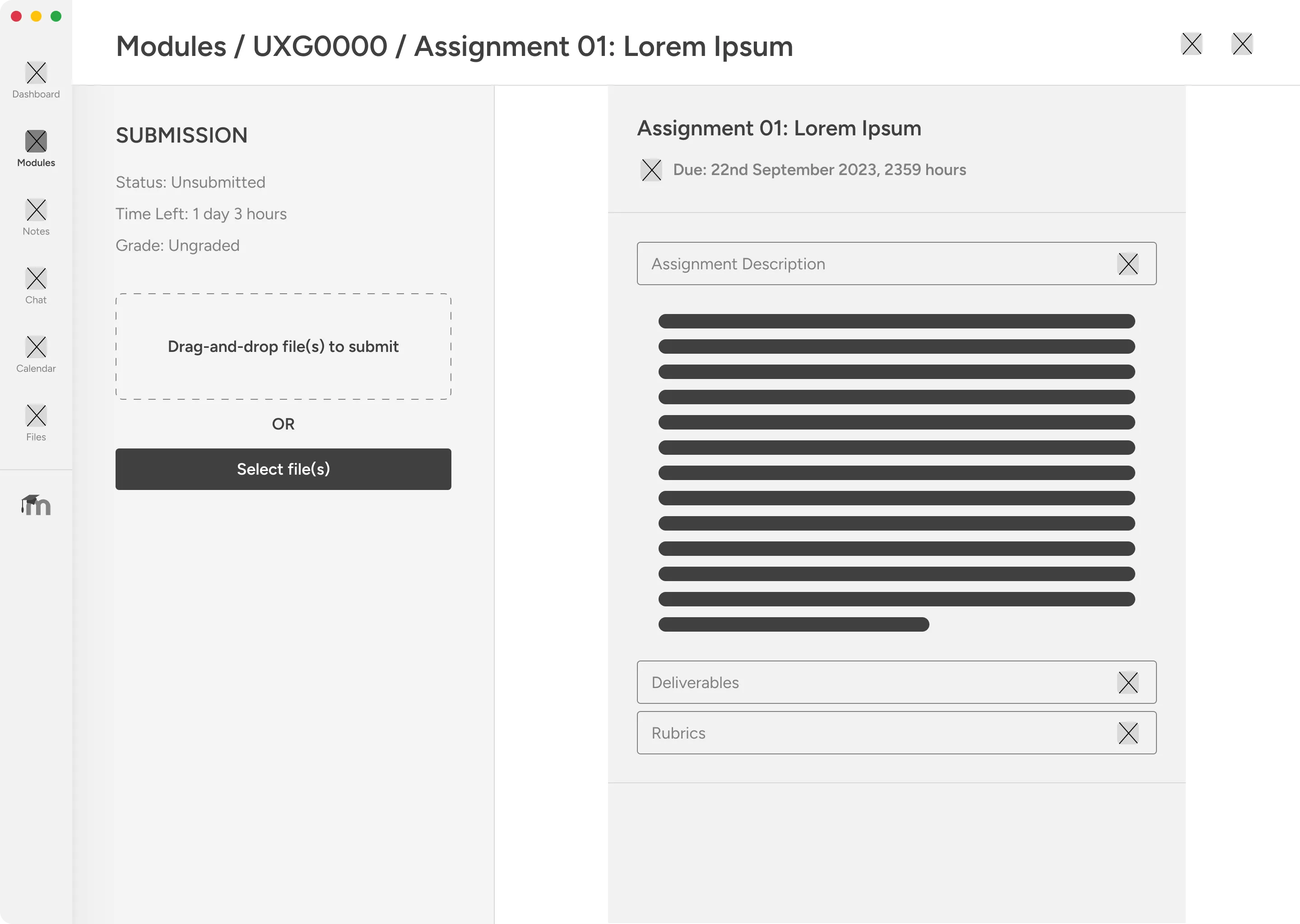 Lo-fi wireframe showing split assignment page layout with brief on left and submission area on right