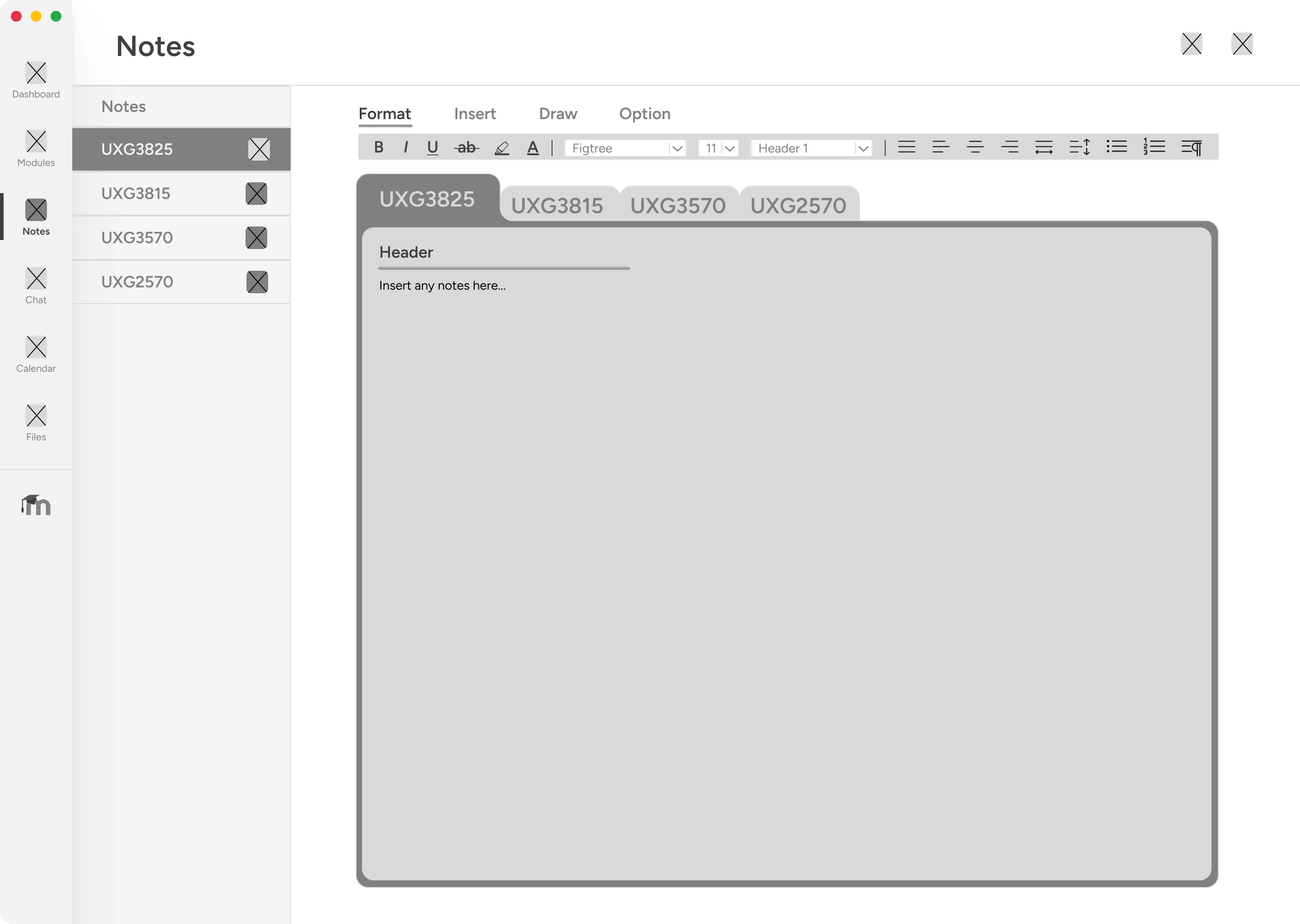 Lo-fi wireframe of the Notes feature showing formatting toolbar and recent notes sidebar