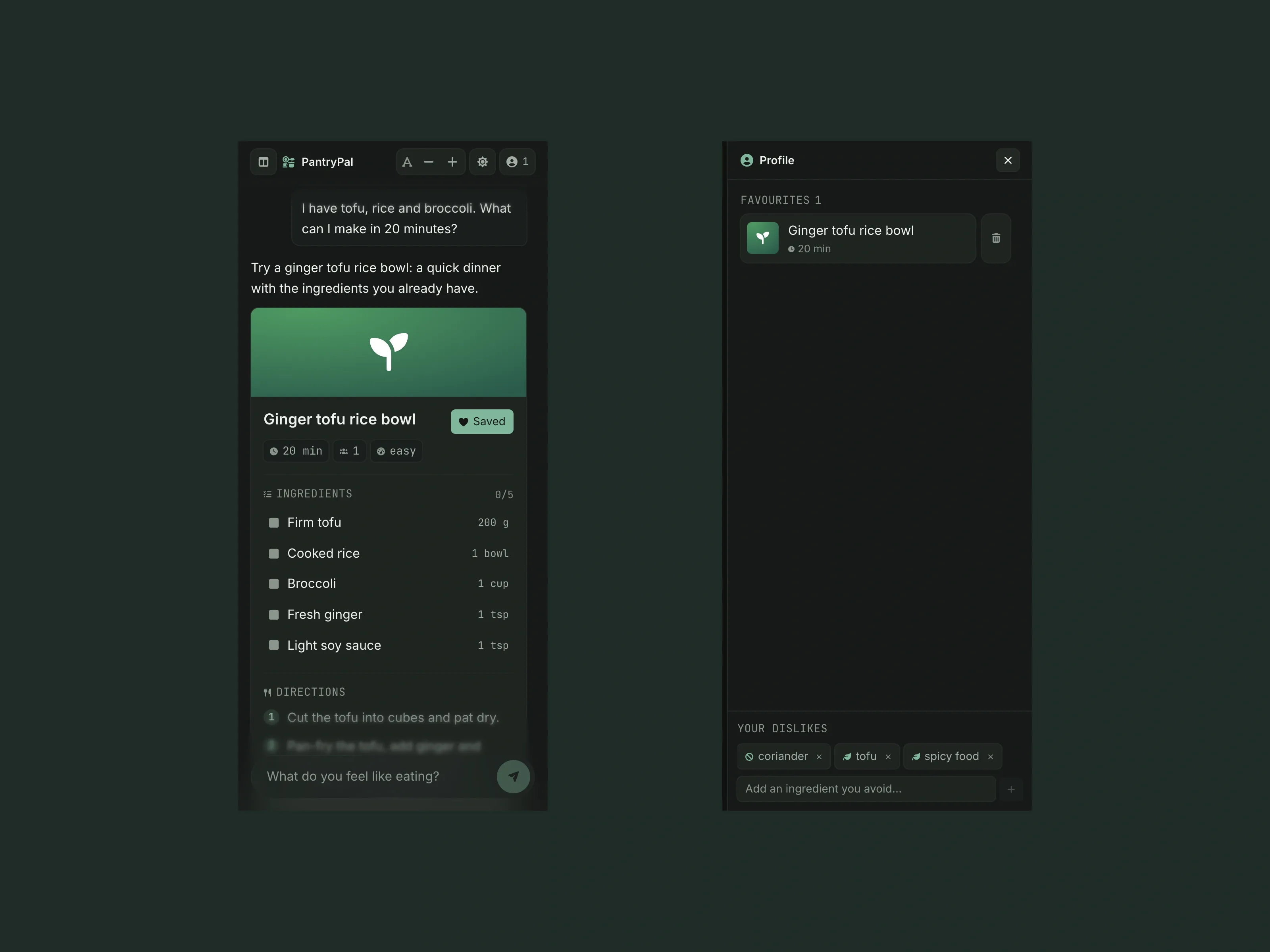 Two mobile PantryPal views: a sample recipe and a profile panel with a saved dish and removable food preferences.