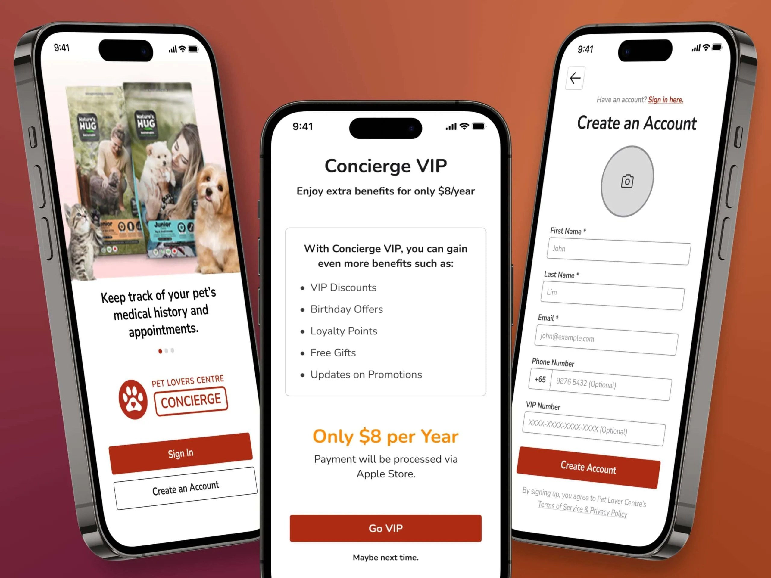 Onboarding screens showing welcome splash, Concierge VIP upgrade prompt, and account creation form