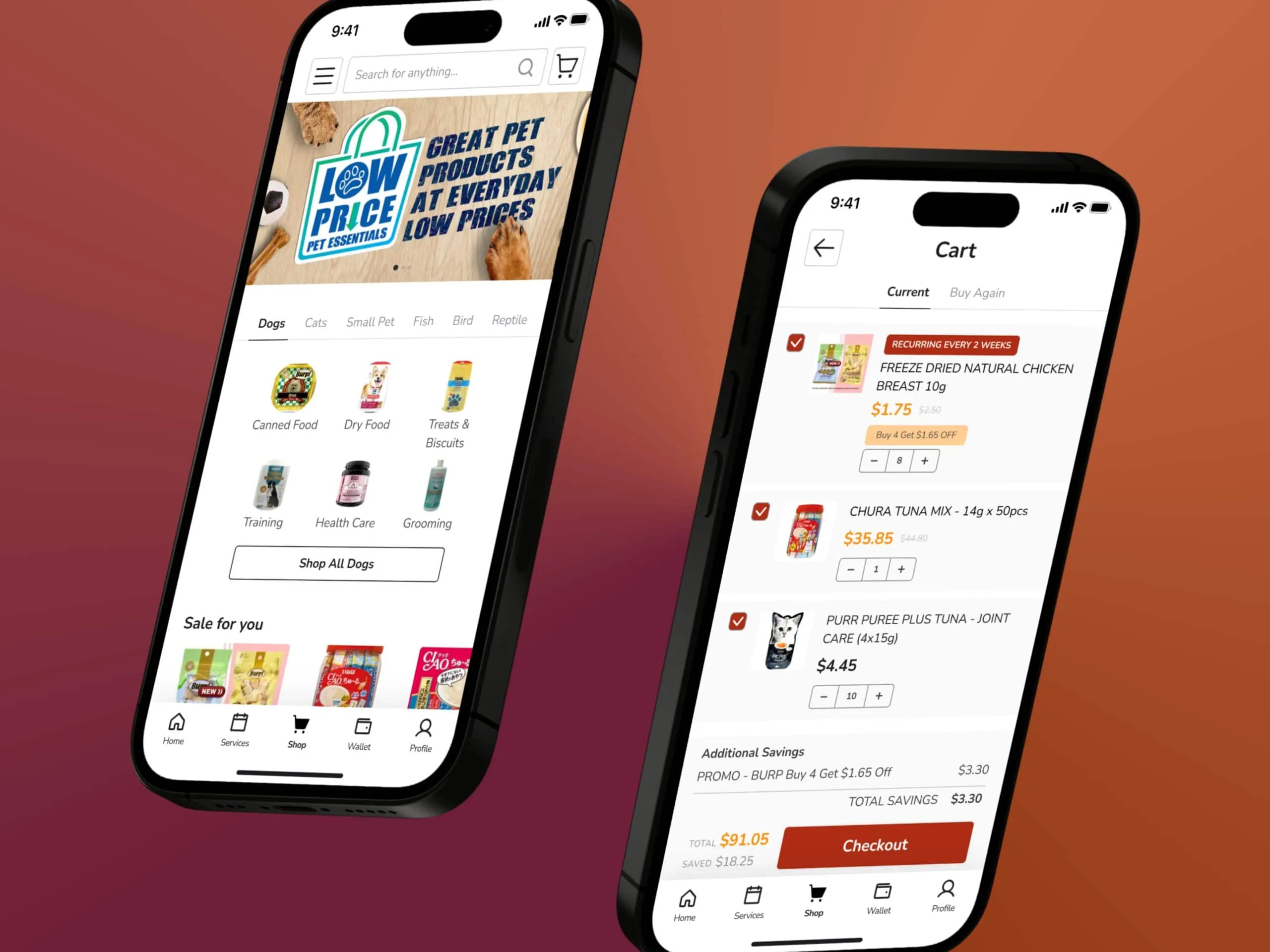 In-app shop organised by pet type tabs, and cart showing recurring subscription badge and bundle savings