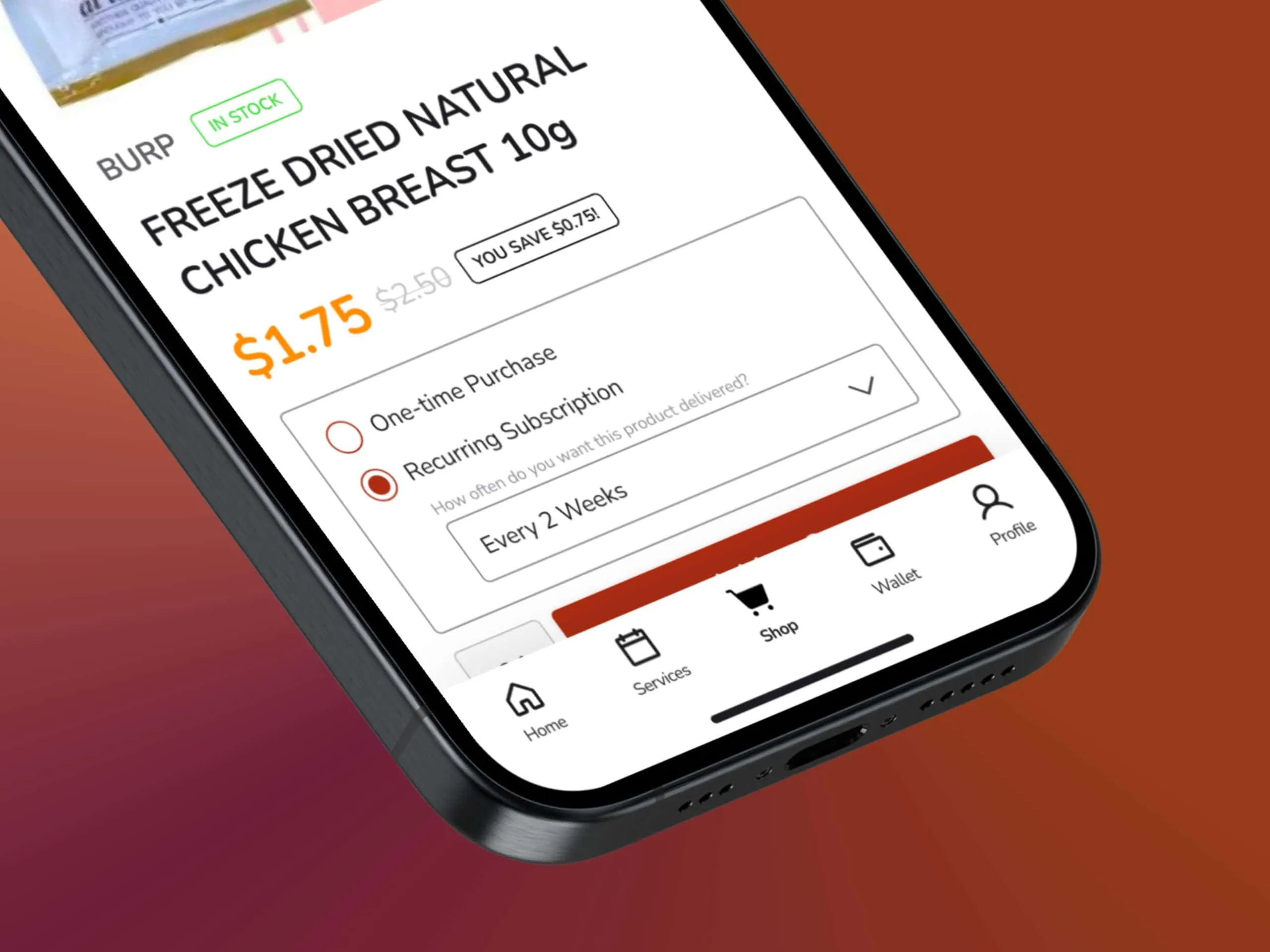 Product detail screen showing one-time purchase and recurring subscription radio buttons with bi-weekly frequency selected