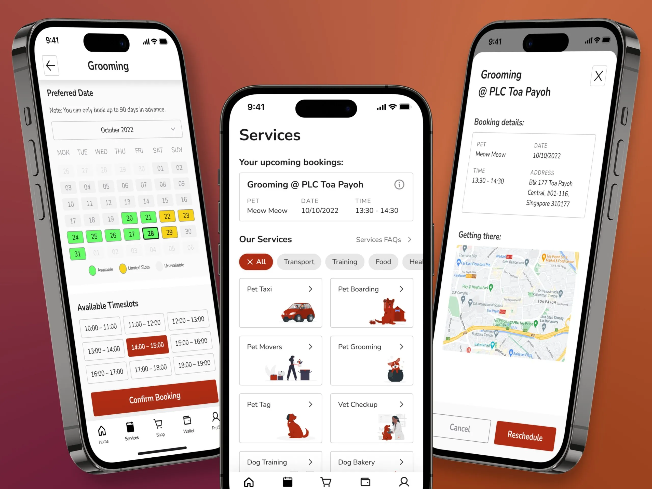 Services page showing upcoming bookings, service category chips, grooming booking calendar, and booking detail with map