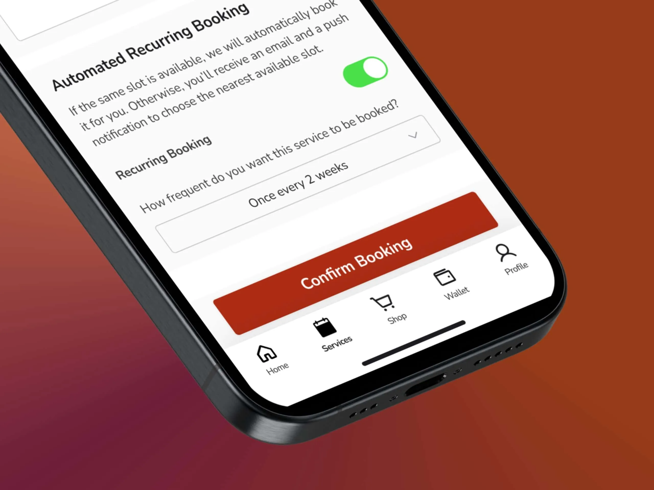 Automated recurring booking screen with toggle enabled and frequency set to once every two weeks
