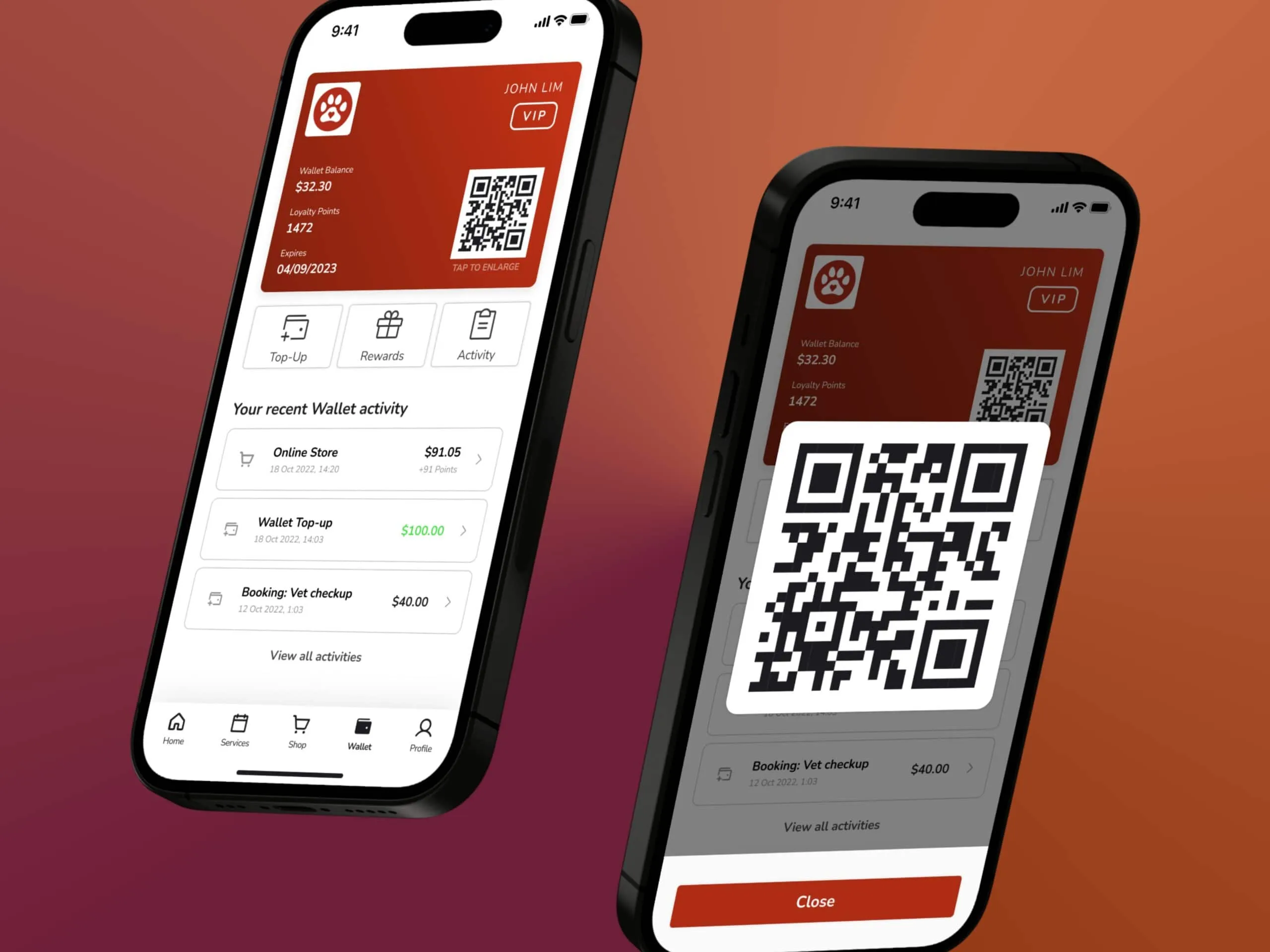 Wallet screen showing VIP card with QR code, wallet balance, loyalty points, and recent activity feed