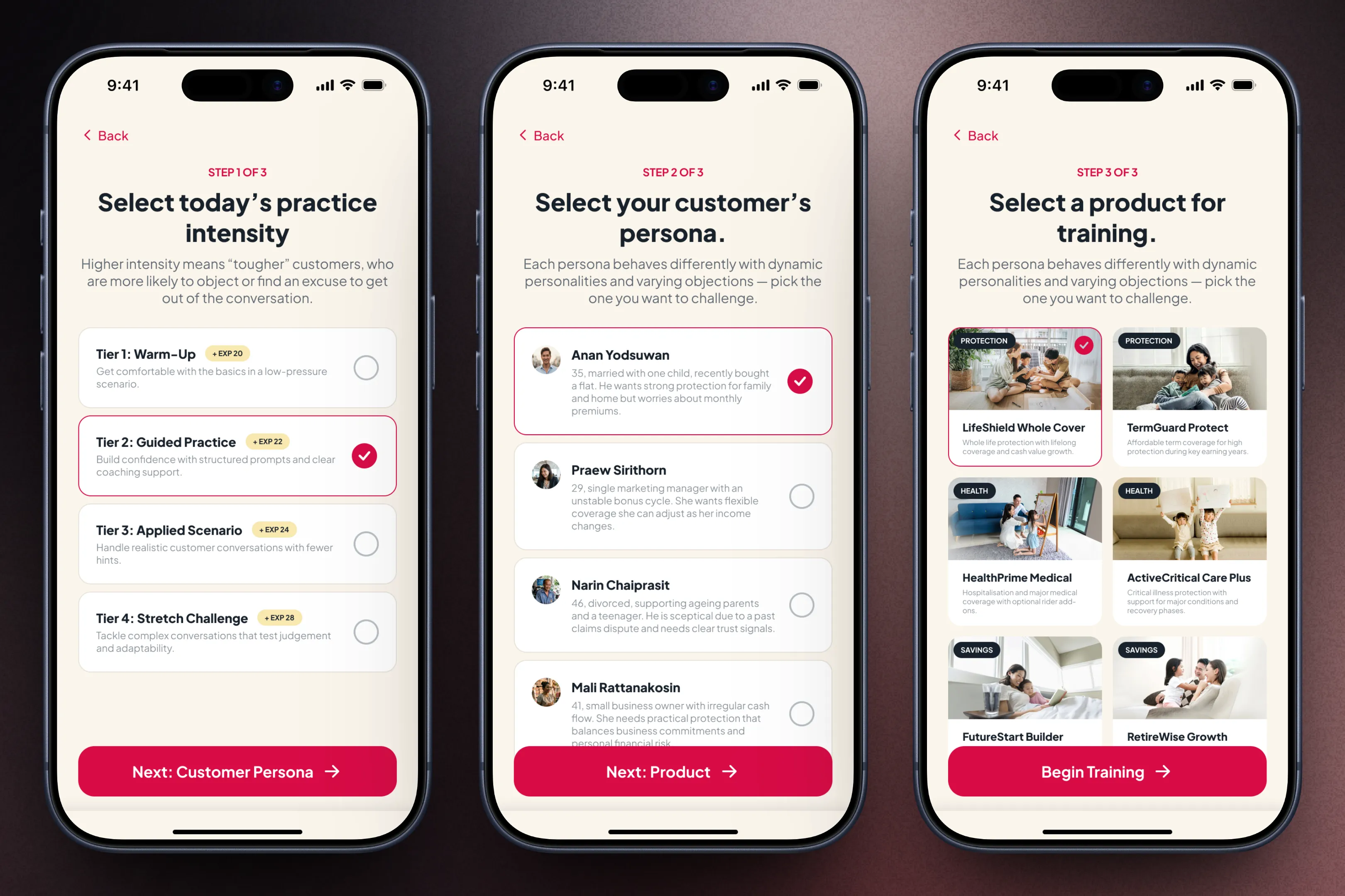 Quick Practice setup flow showing training intensity, customer persona, and product selection