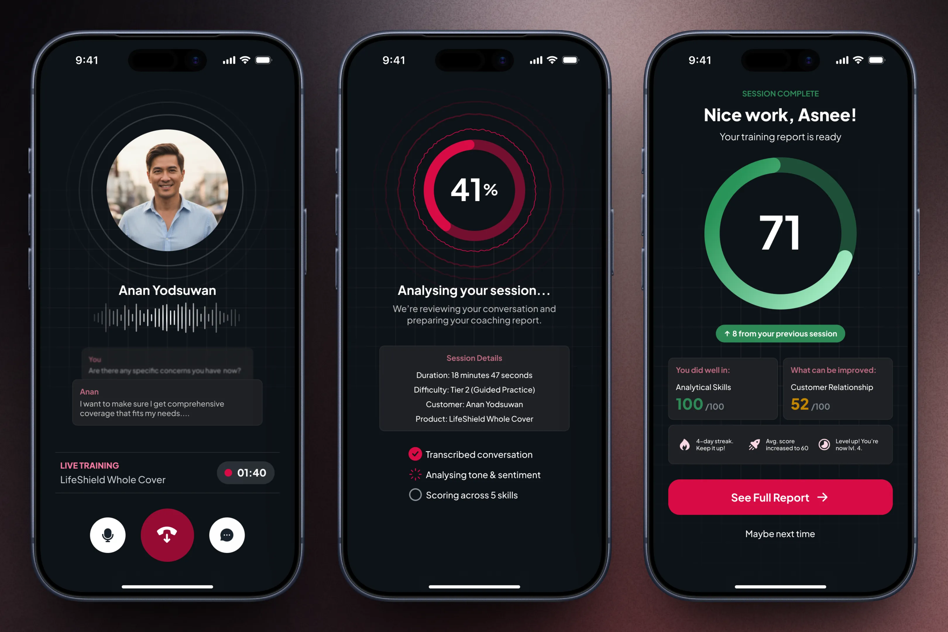 Live AI role-play sequence showing analysis, conversation, and a completed session report state