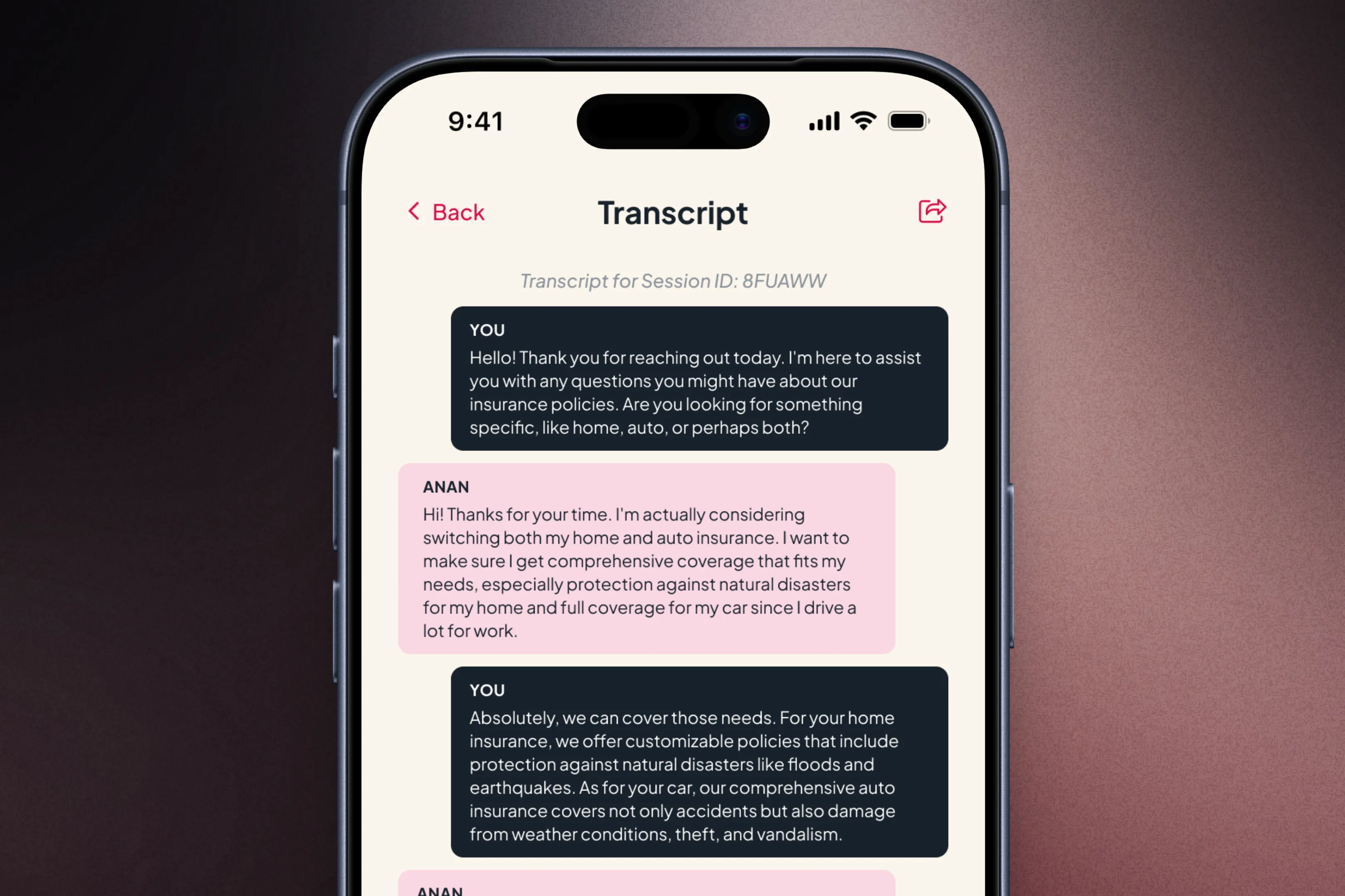 Transcript screen showing the agent and customer conversation from a completed practice session