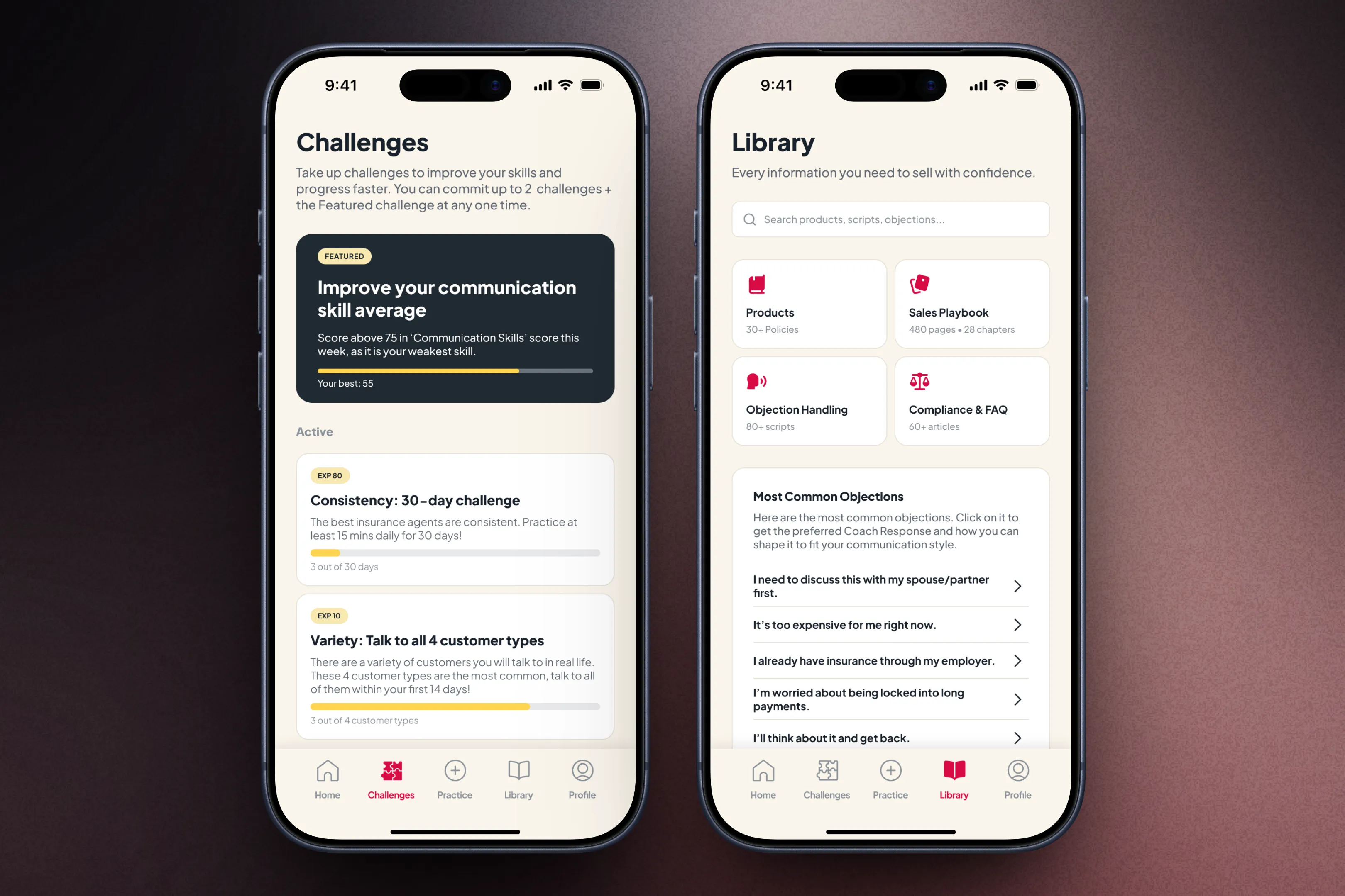 Challenges and library screens showing active practice goals, support material, and common objections