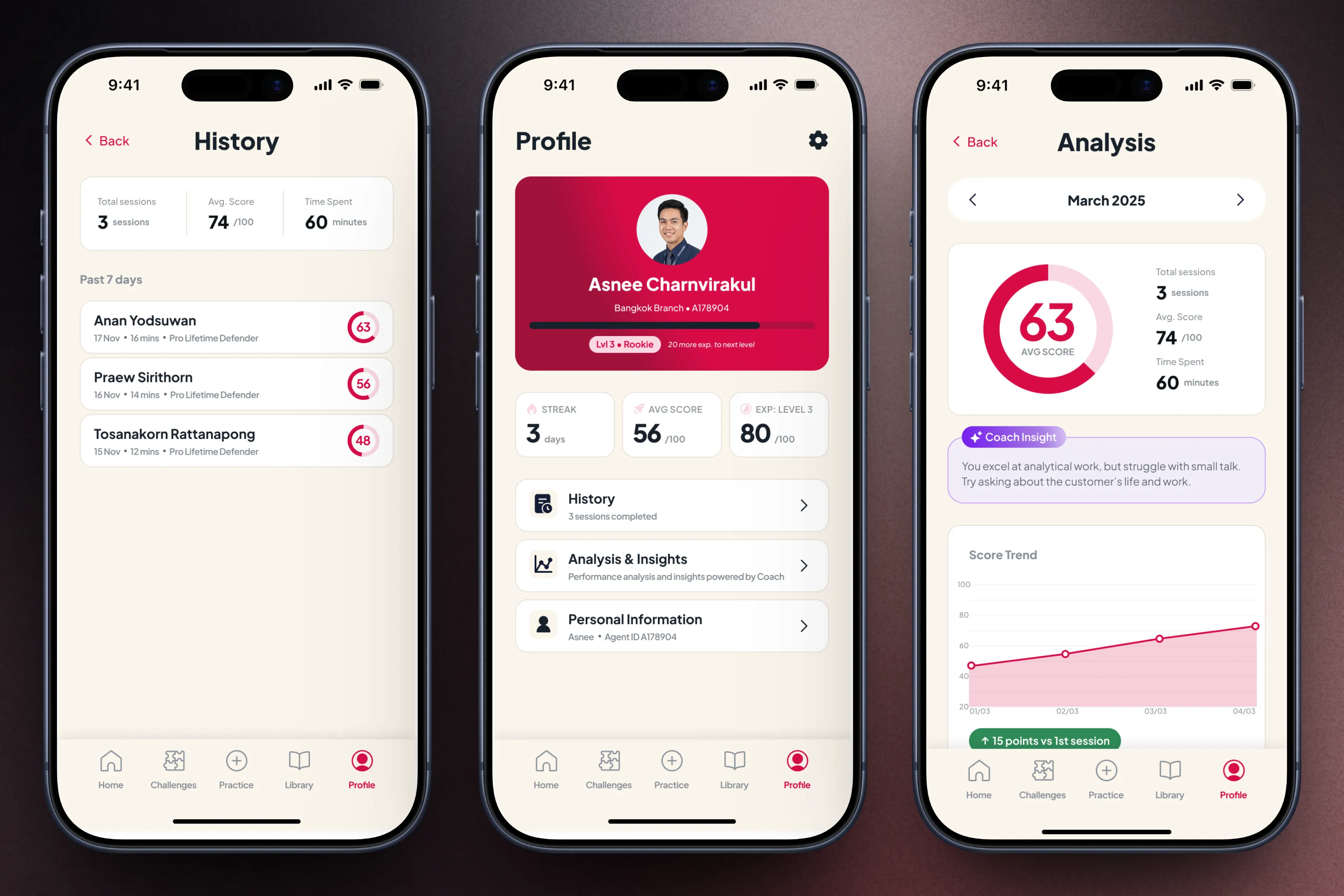 Profile, history, and analysis screens showing agent level, recent sessions, and score trends
