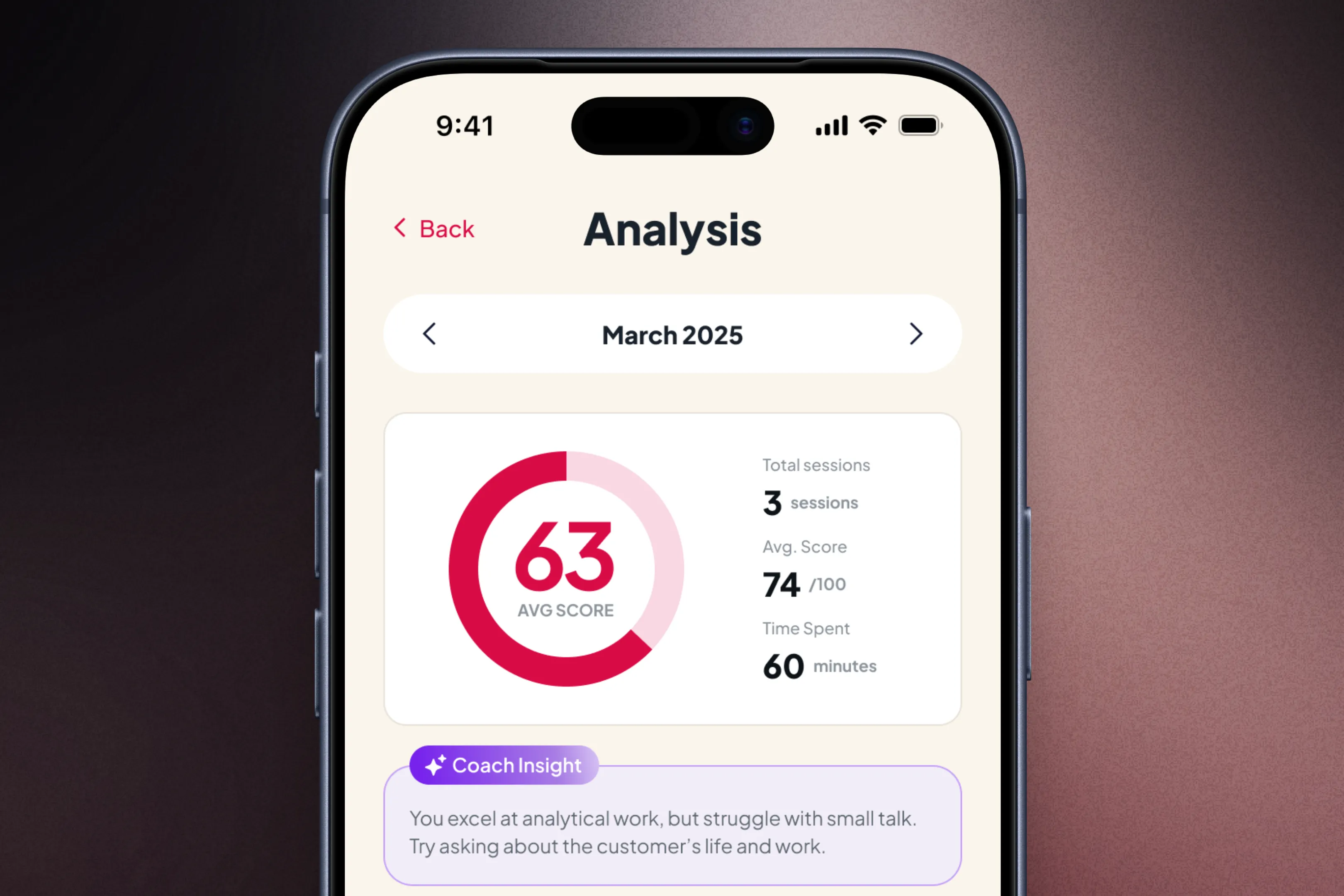 Monthly analysis screen showing average score, session count, and skill performance breakdown