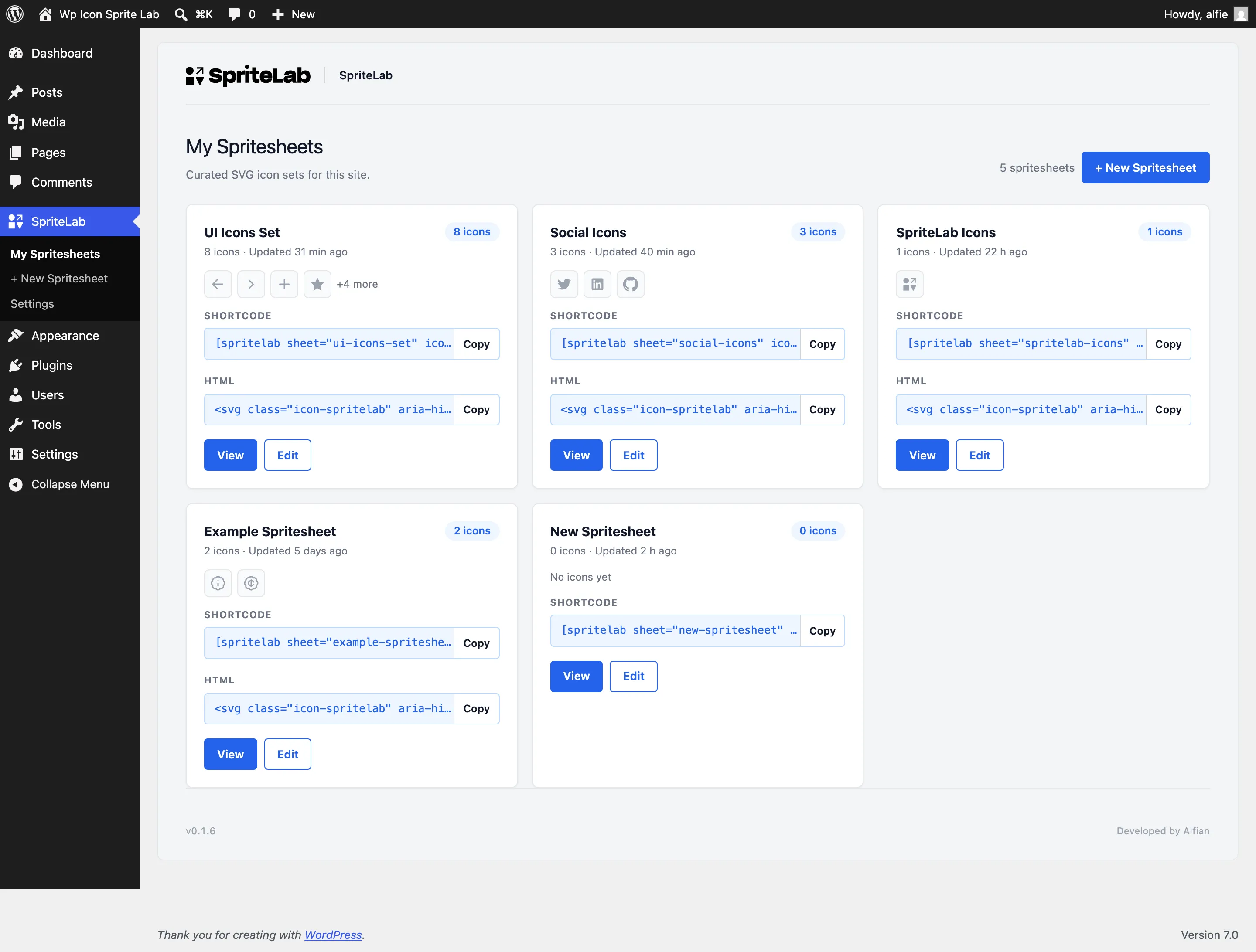 SpriteLab dashboard showing spritesheet cards with icon previews, shortcode snippets, and View / Edit actions