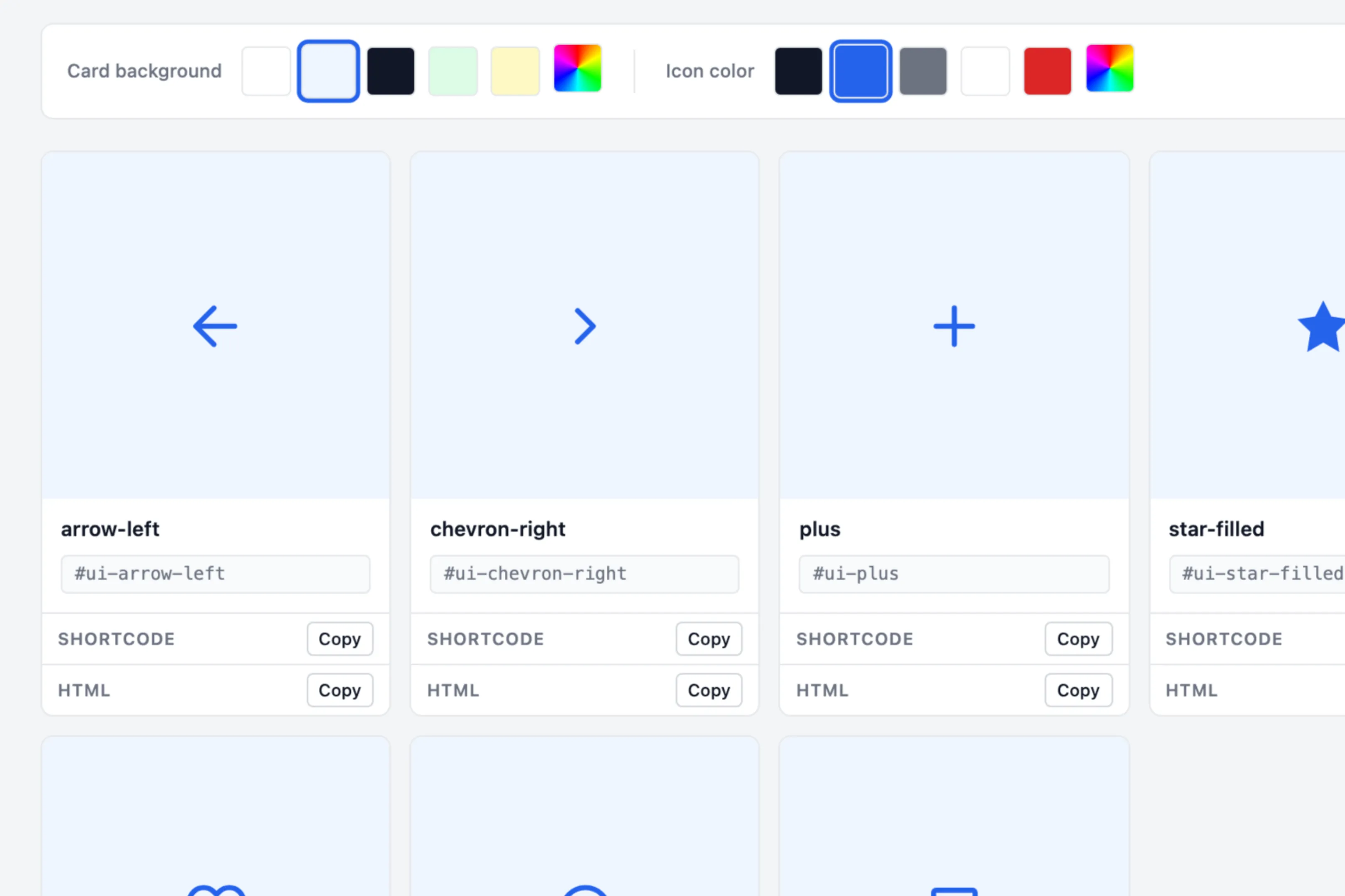 View screen showing the icon grid with background-colour and icon-colour swatch rows above
