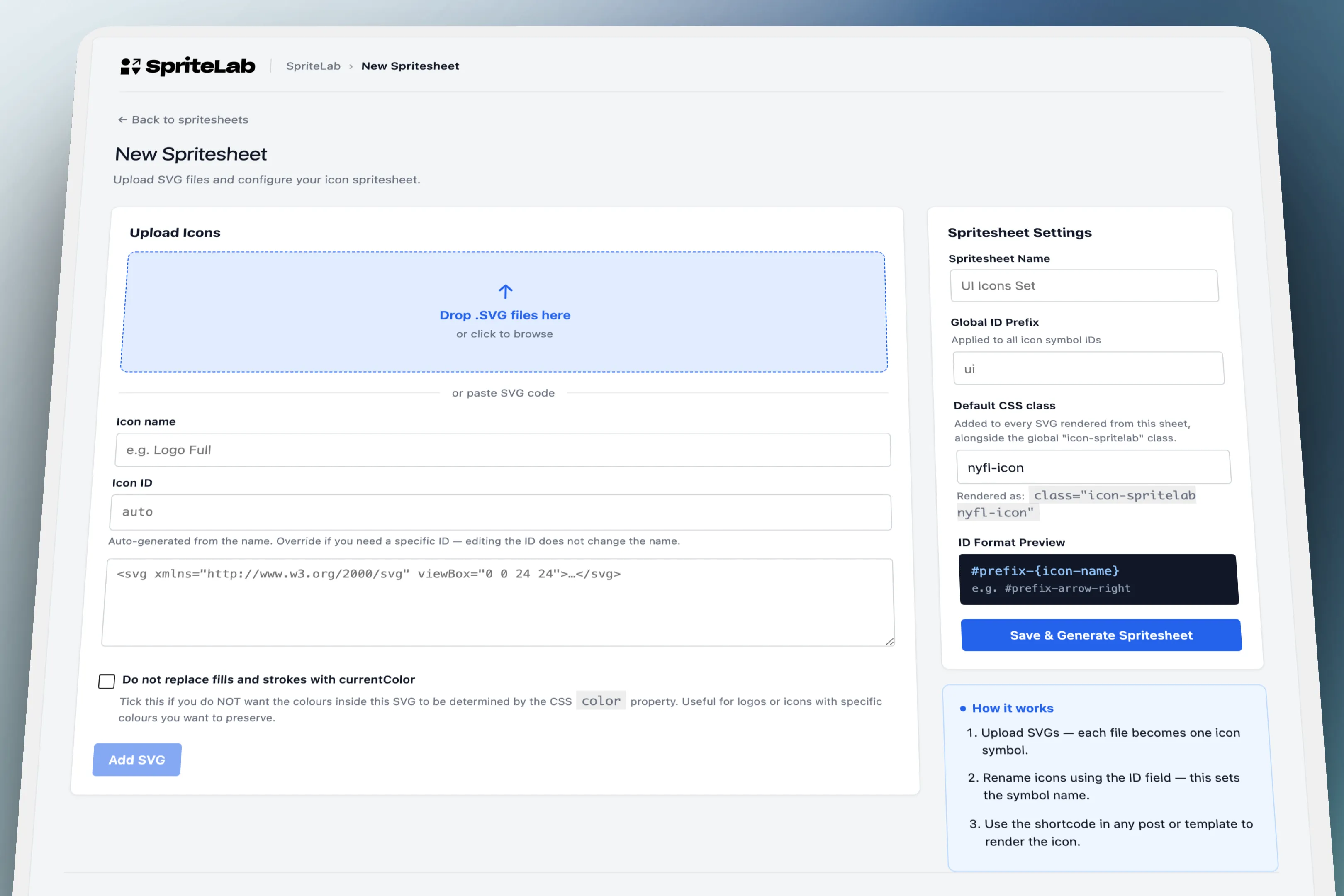 Create screen with a drag-and-drop zone, SVG paste textarea, and a sticky settings rail