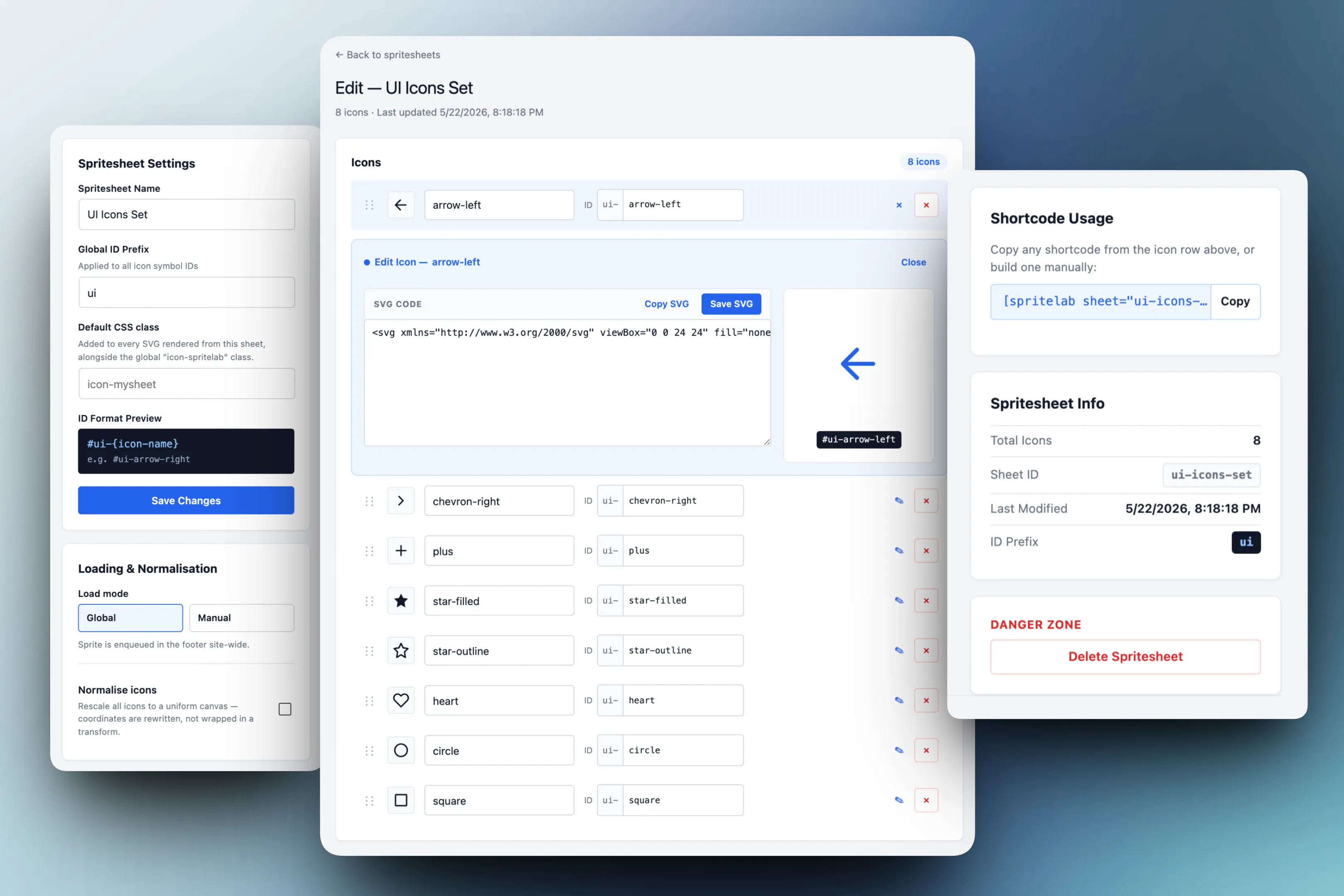 Edit screen with icon rows and an inline-expanded SVG editor panel showing code and a live preview