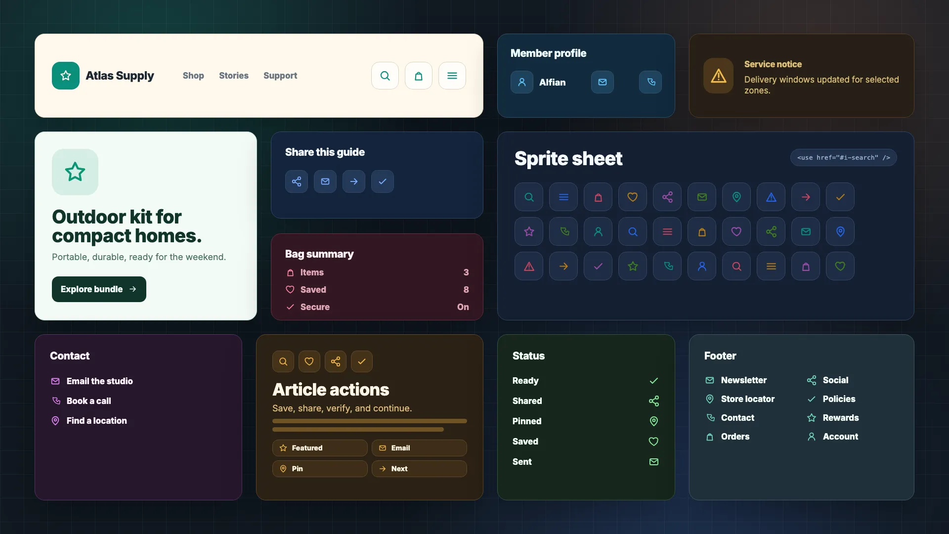 Montage showing generated SVG icons used across navigation, sharing links, checkout helpers, article actions, status rows, and footer links
